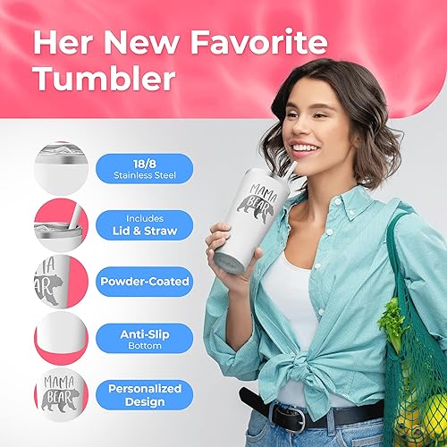 Miniatura 4 de SassyCups Mama Bear - Taza de acero inoxidable con aislamiento al vacío para mamá grabada con popote taza de cumpleaños para mamá mamá nueva regalo