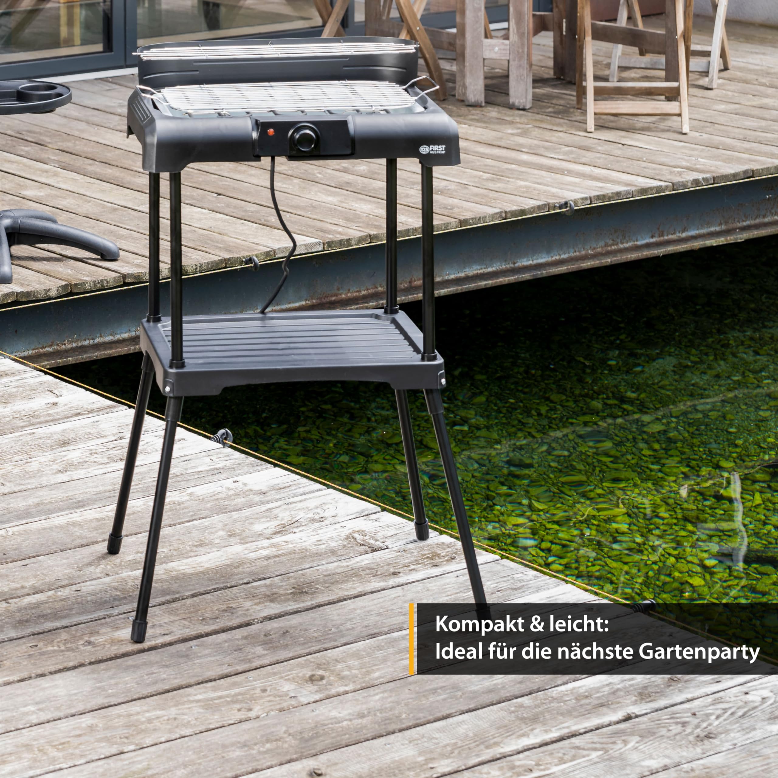 TZS First Austria - Elektro Standgrill 2200W - 2-in-1 Tischgrill mit Windschutz - Stufenloser Hitzeregler - Rauchfreies Grillen mit 2 Seitentischen - Balkon & Tischgrill - Schwarz