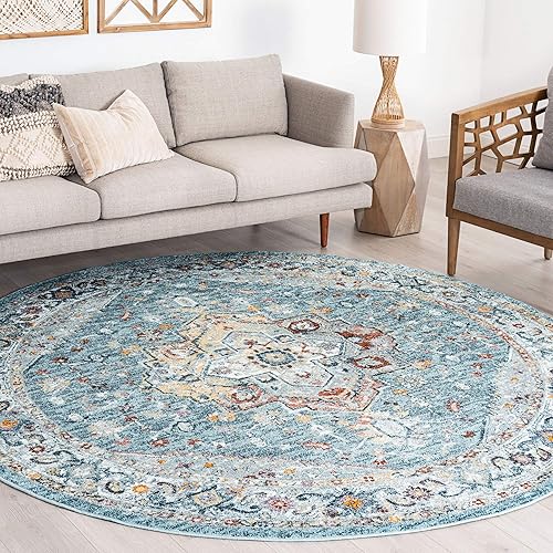 6ft Round Rug | Traditional Area Rugs for Living Room, Dining Room, Bedroom, Entryway or Kitchen | Alfombras para Salas | Gray Blue, 5'3'' Round