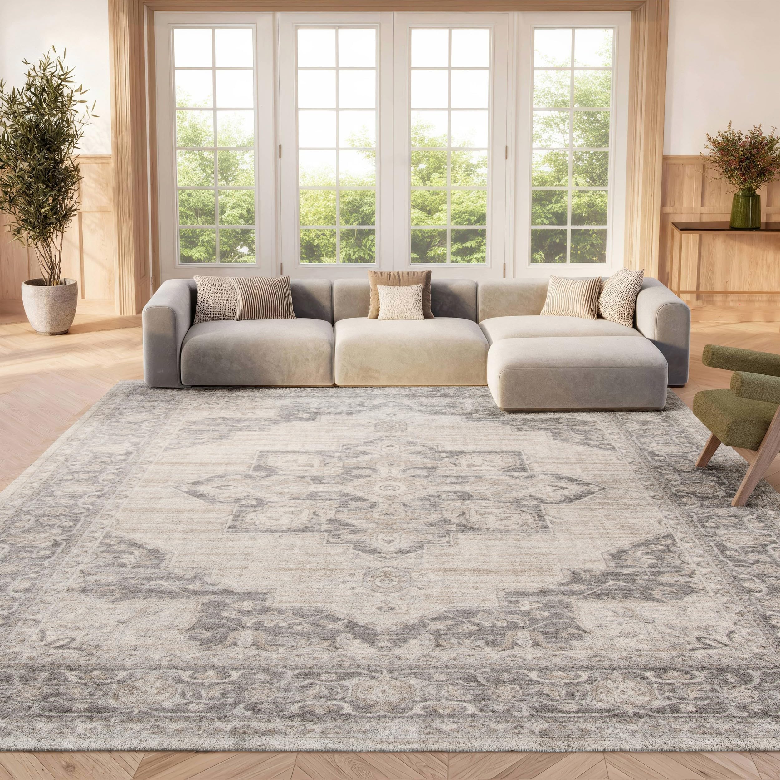 SAFAVIEH Area Rug 9x12 - Brentwood Collection - Large - Cream & Grey, Medallion Distressed Design, Non-Shedding & Easy to Clean, Ideal for Living Room, Bedroom, Dining Space (BNT865B)