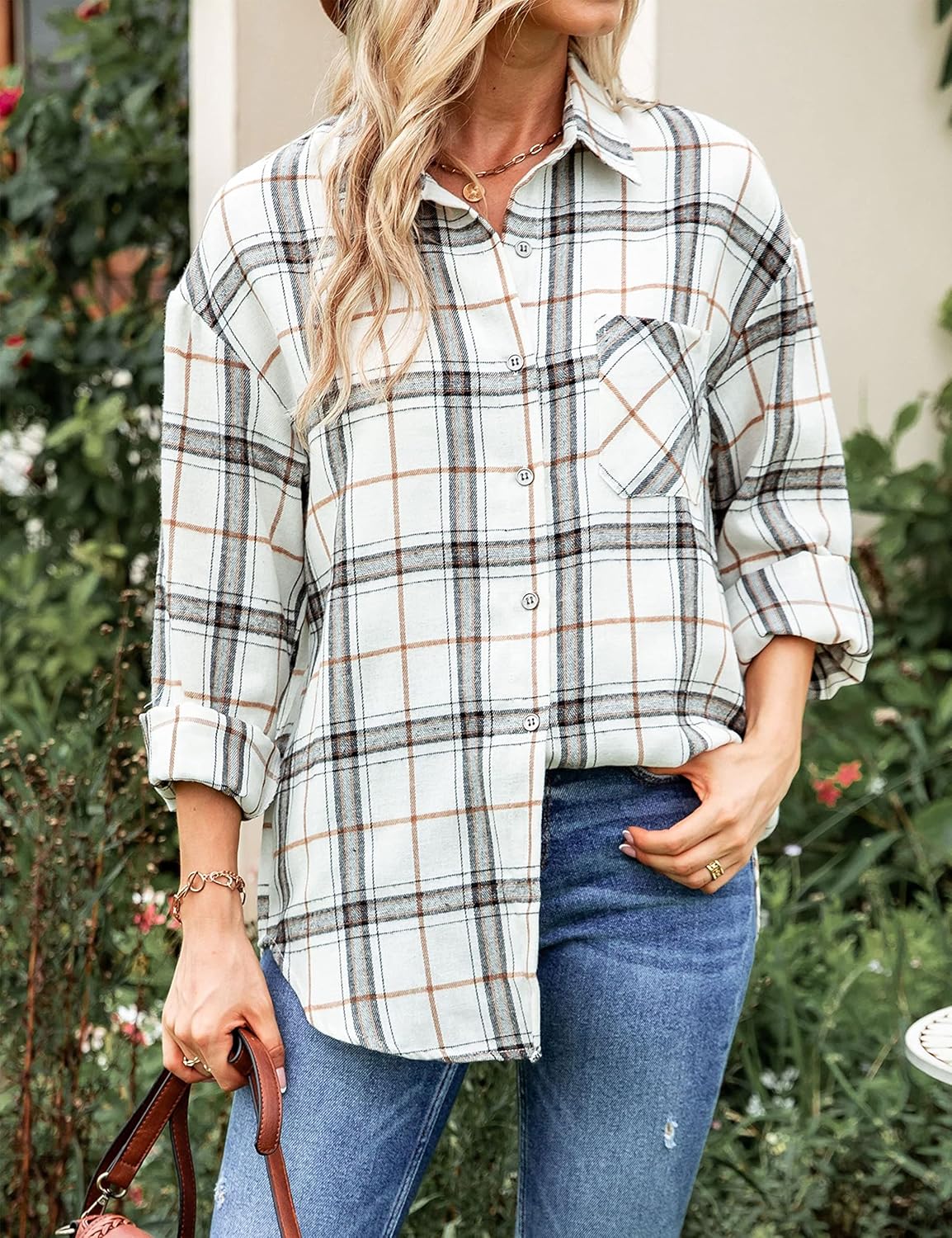 Zontroldy Womens Flannel Shirt Plaid Buffalo Long Sleeve Button Down Oversized Flannels Shirts Blouse Tops - Image 4
