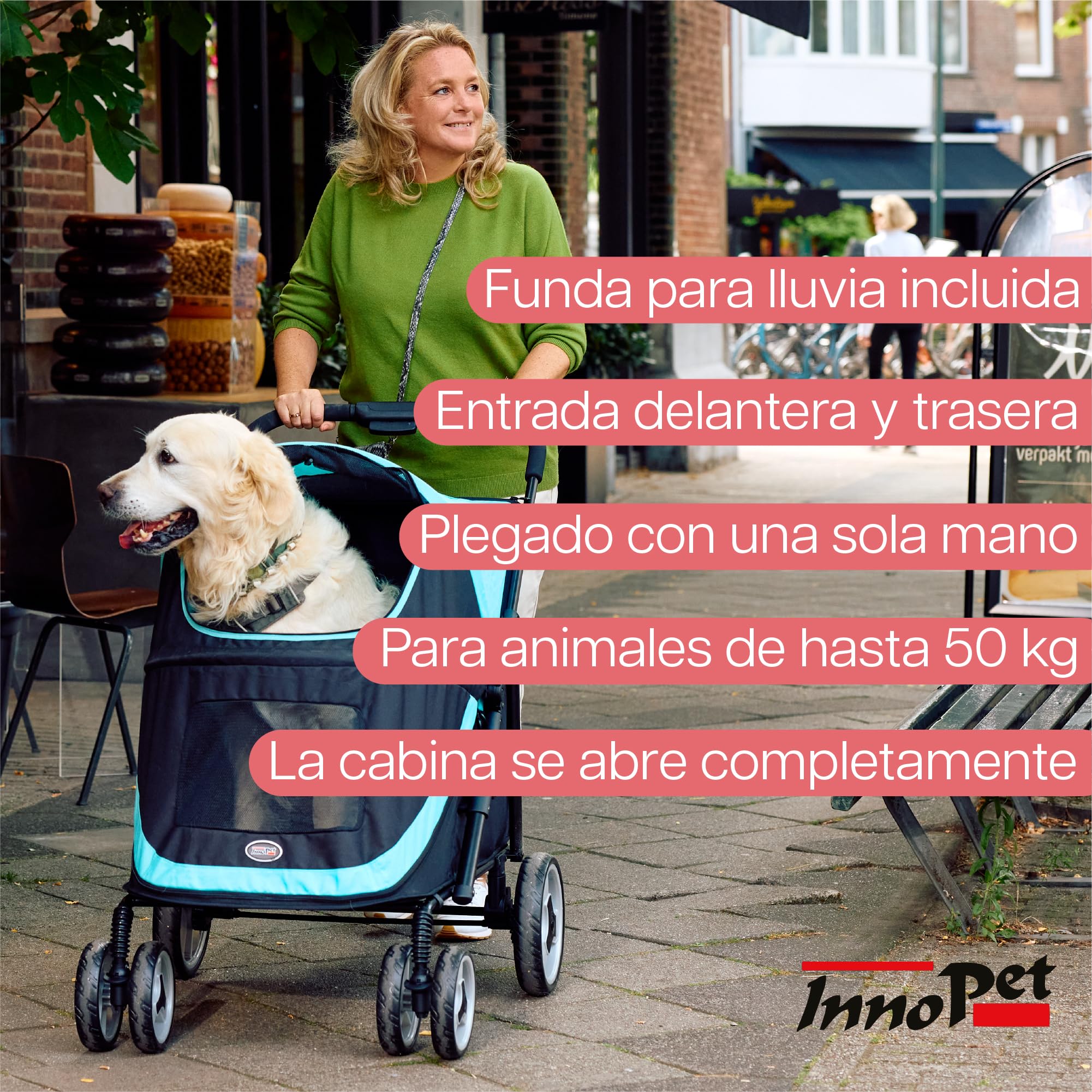 Innopet Mamut carrito grande azul - Cochecito para perros grandes hasta 50kg, incluye cubierta de lluvia, plegado rápido y ruedas delanteras giratorias