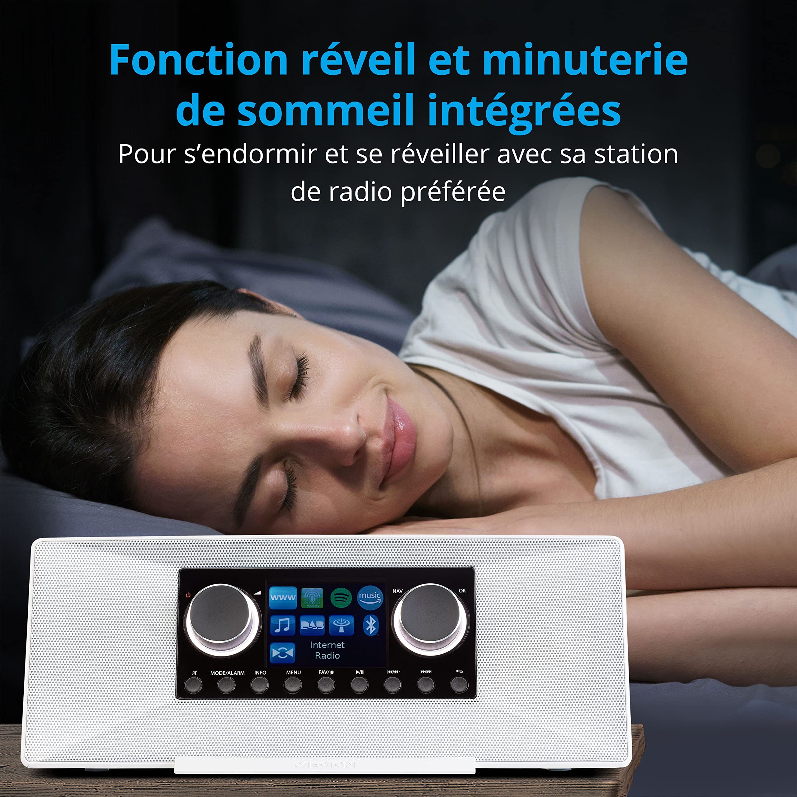 MEDION P85333 Radio Internet avec Dab+ (WiFi, FM, Spotify Connect, Amazon Music, USB, Prise Casque, AUX, Stereo Line-Out Cinch, Sleep Timer) Blanc