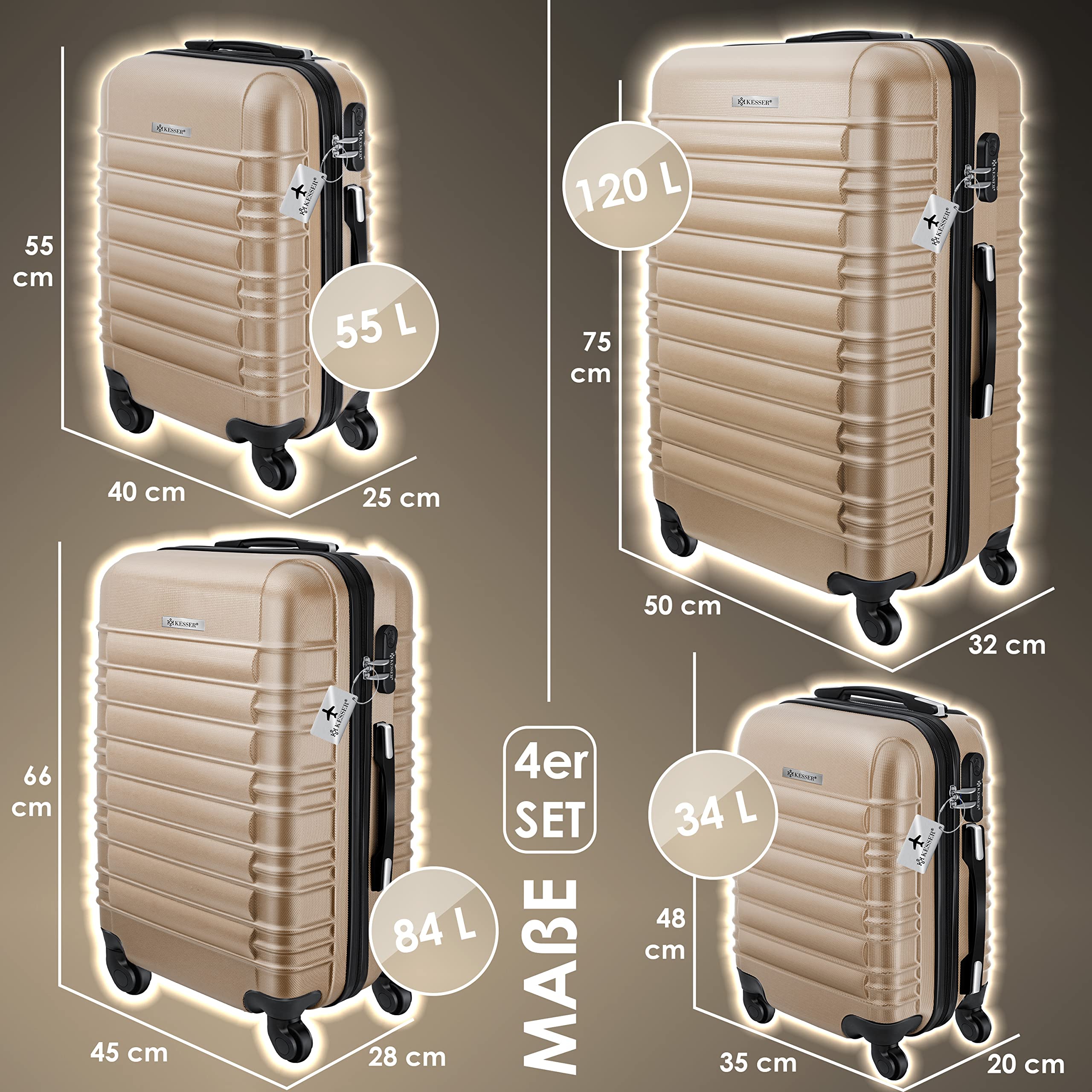 KESSER® Set di 4 valigie rigide, valigia da viaggio, set valigia trolley incl. bilancia per bagagli + etichetta per bagagli, serratura, 4 ruote ABS guscio duro manico telescopico S-M-L-XL