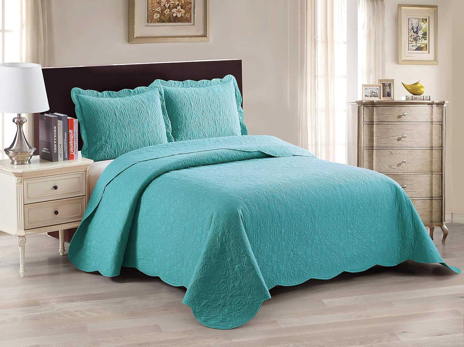 Amazon｜Luxury Home Collectionピース特大超音波エンボスベッドスプレッドセット 無地 Full/Queen ブルー