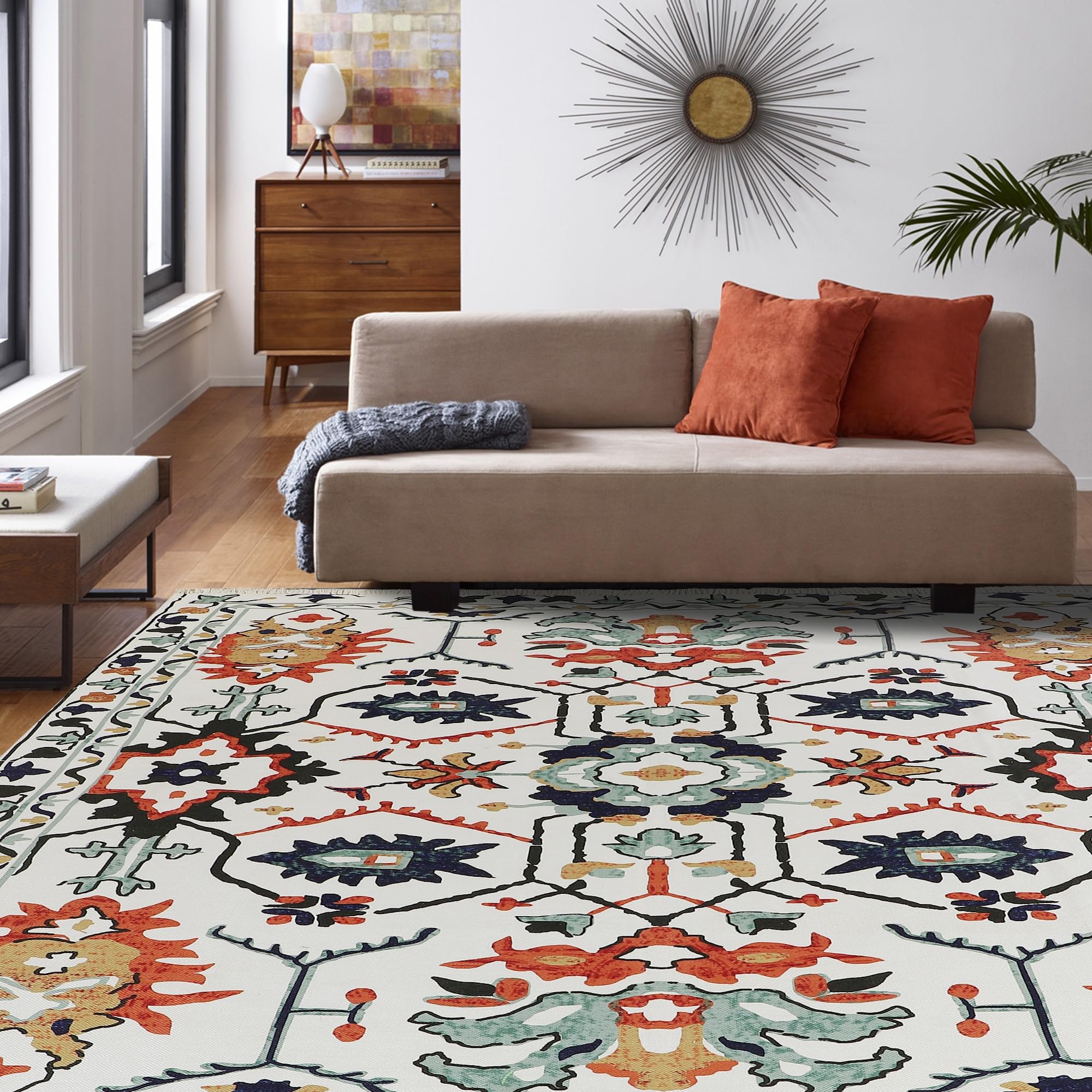 Ultra Thin Persian Oriental Polyester Cotton Rug - Orange and Blue Rug for Bedroom, Living Room, and Nursery Rug - Kid and Pet Friendly, 5x8