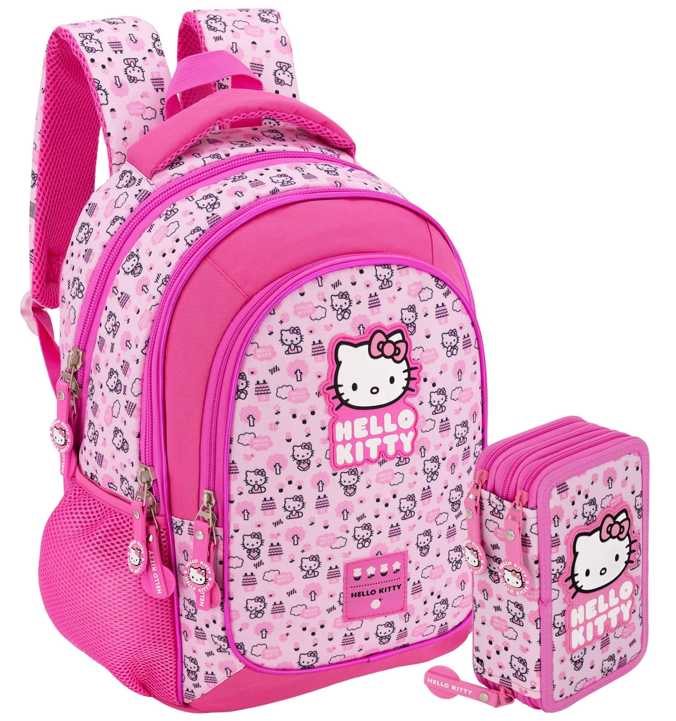 Schulrucksack Set Mädchen Grundschule 6-10 Jahre für Hello Kitty Fan, Rucksack (43x33x15 cm) & 3-Fach Federmäppchen Gefüllt (46 Teile) – Schulranzen Set Ergonomisch