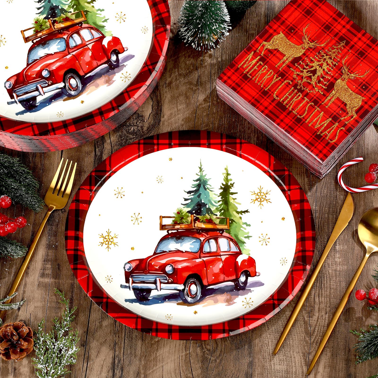 Red Buffalo Plaid Christmas Party Set - 150pc Disposable Plates & Napkins For 50 Guests