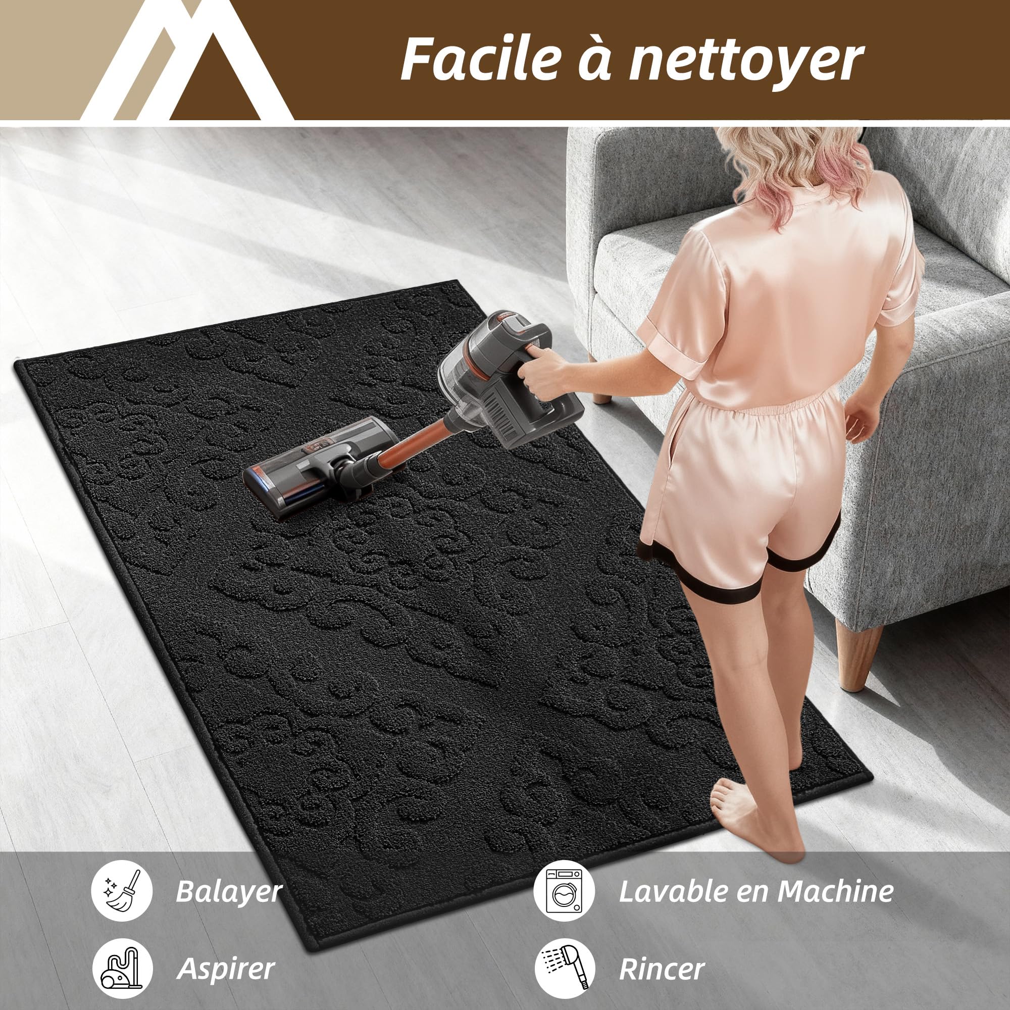 COSY HOMEER Paillasson lavable et antidérapant pour entrée intérieure, 90 x 150 cm, noir