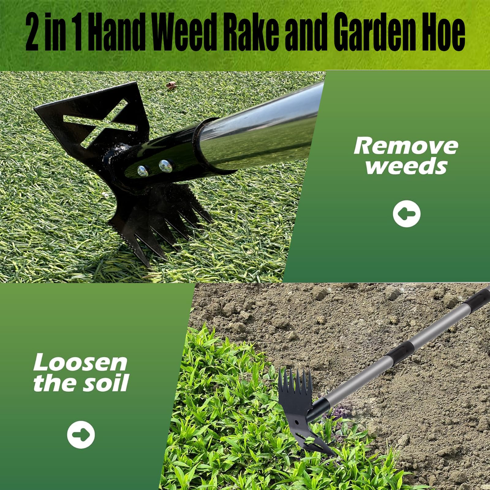 Gartenhacke, 152,4 cm, langer Griff zum Jäten, 2-in-1-Hand-Unkrautrechen und Action-Hacke für Gartenarbeit, robustes Unkrautentferner-Werkzeug für Gartenarbeit, Pflanzen