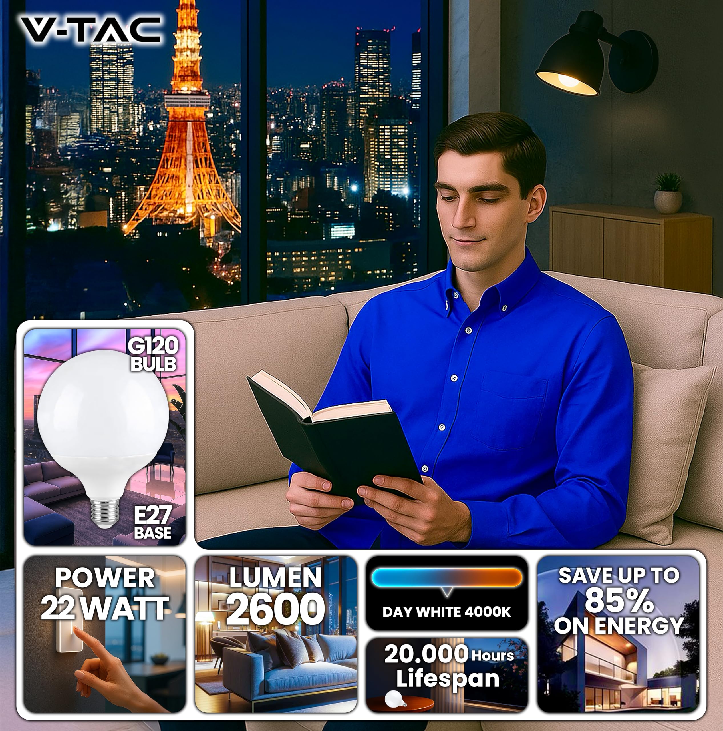 V-TAC Lampadina LED Globo 22W (Equivalenti a 155W) G120 - Attacco E27-2600 Lumen - Lampadina LED Massima Efficienza e Risparmio Energetico - Luce 4000K Bianca Naturale (Confezione da 2)