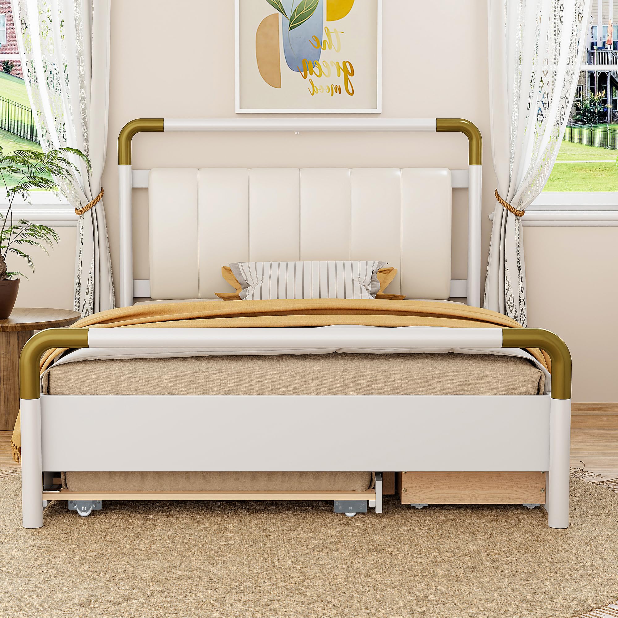 Wood Queen Size Bed Frame with 2 Big Drawers, T-XL Size Trundle, Spave-Saving Queen Bed for Kids, Teens, Adults (White)