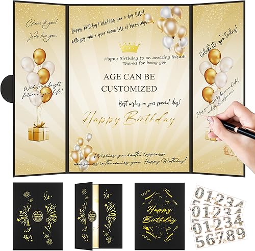 Miniatura 1 de Decoraciones de fiesta de feliz cumpleaños del 1 al 99 de oro negro de 18 x 12 pulgadas, libro de invitados de cumpleaños para hombres y mujeres,
