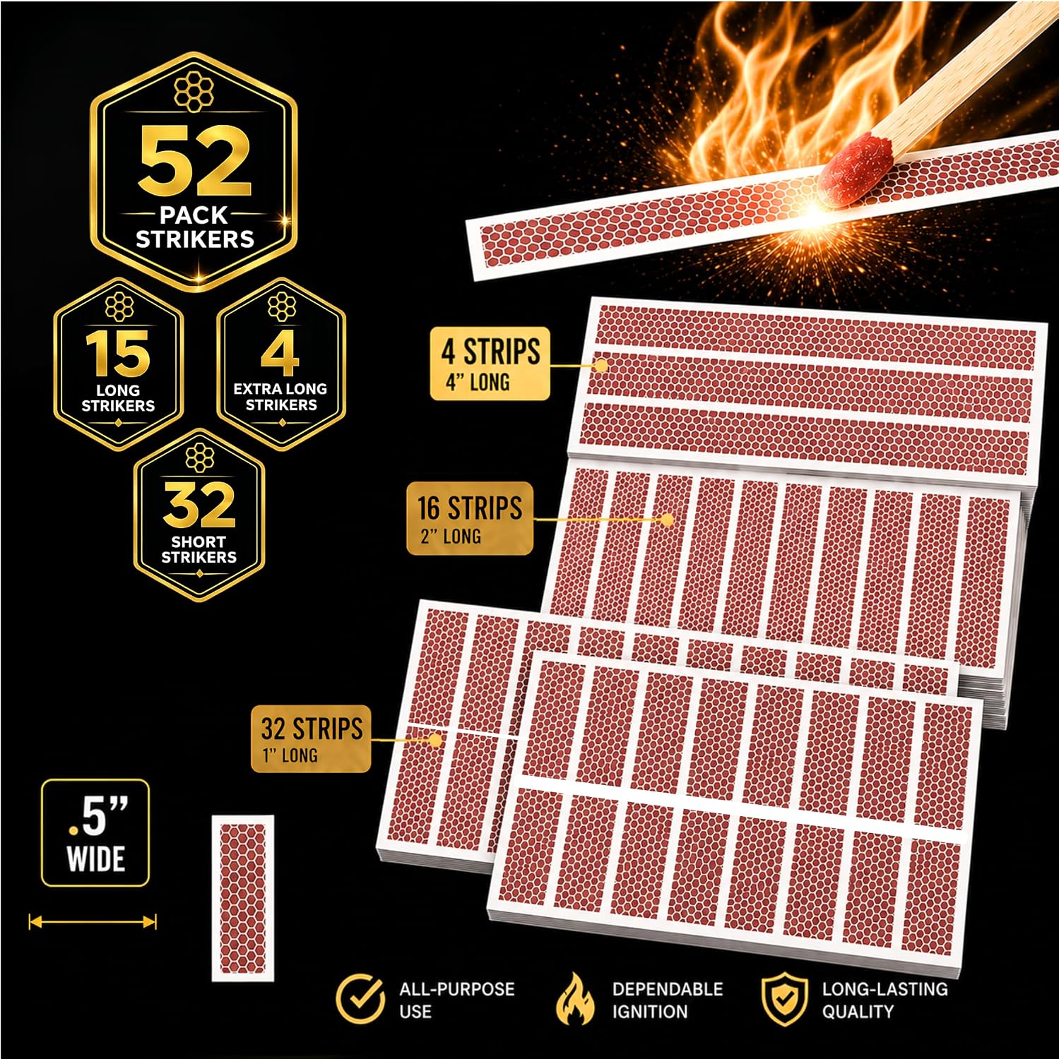 52 PIECE Striker Strip Variety Pack | Honeycomb Brown Match Strips | Various Size Replacement Stryker Strickers for Safety Matches | Peel & Stick Adhesive Paper