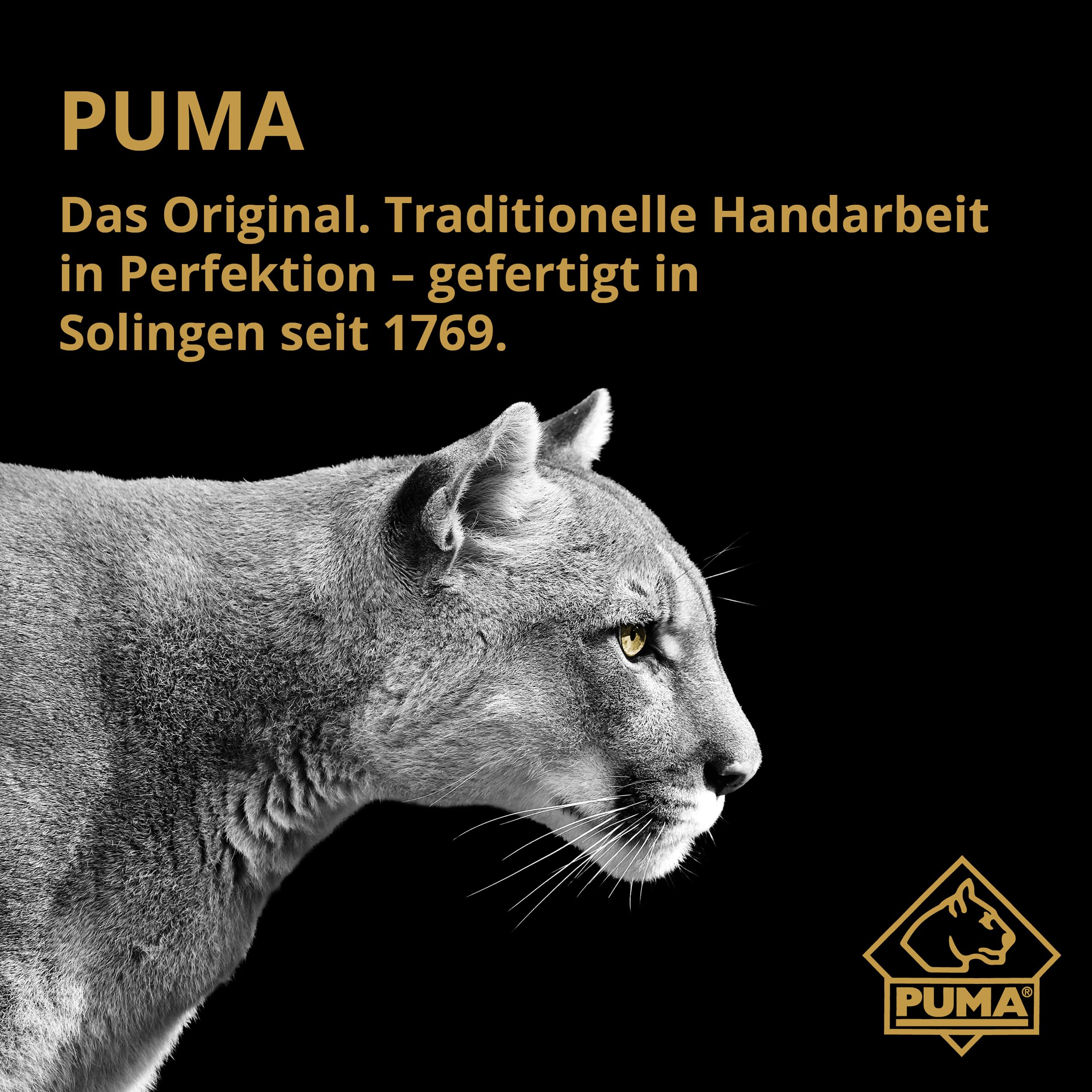 PUMA – Kleiner Jagdnicker nach Frevert - handgefertigt in Solingen - Griff aus echtem Hirschhorn - 104mm Klinge, Gesamtlänge 205mm - Vollerl - mit passender Sattellederscheide