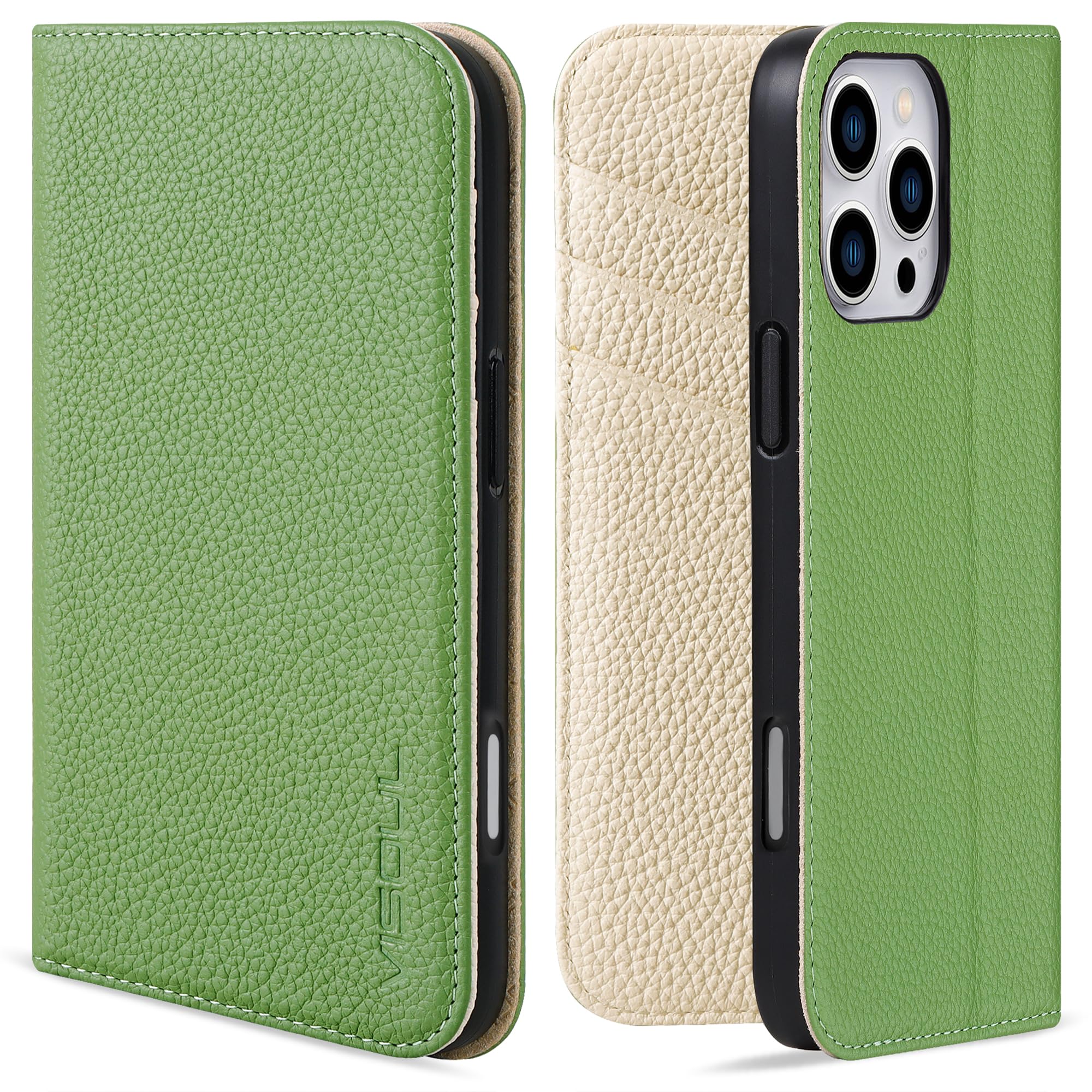 VISOUL iPhone16 Pro 対応 ケース 手帳型 本革 MagSafe対応 アイフォン16 プロ レザーケース スマホケース あいふぉん16プロ 横置きスタンド機能 カード収納 全面保護 マグネット内蔵 携帯カバー 柔軟なTPU素材カバー アイホン16 Pro グリーン アイボリー