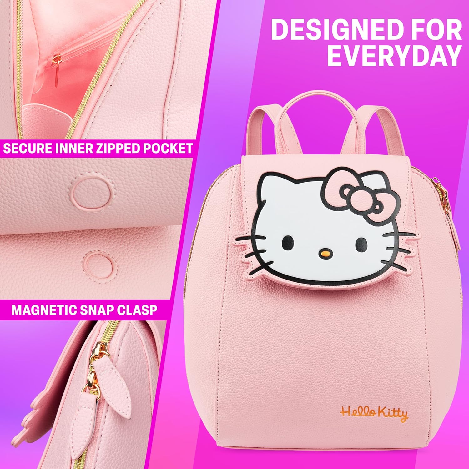 Get Trend Hello Kitty Sanrio Backpack for Women, Teens, Mini PU Leather Daypack with Adjustable Straps, Kawaii Travel Bag for School, Work, Gifts for Women (Pink Hello Kitty) - Image 5