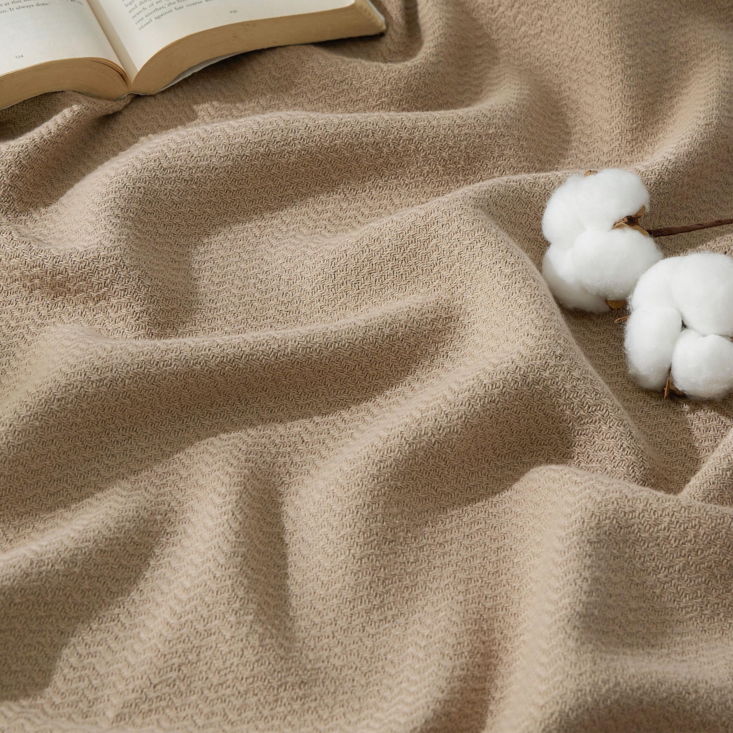 Photo 1 of Bedsure GentleSoft 100% Cotton Large Blanket Oversized King for Bed 120x94 inches - Breathable Soft Cozy Herringbone Woven Blanket for Summer, Couch Cover, Light Brown