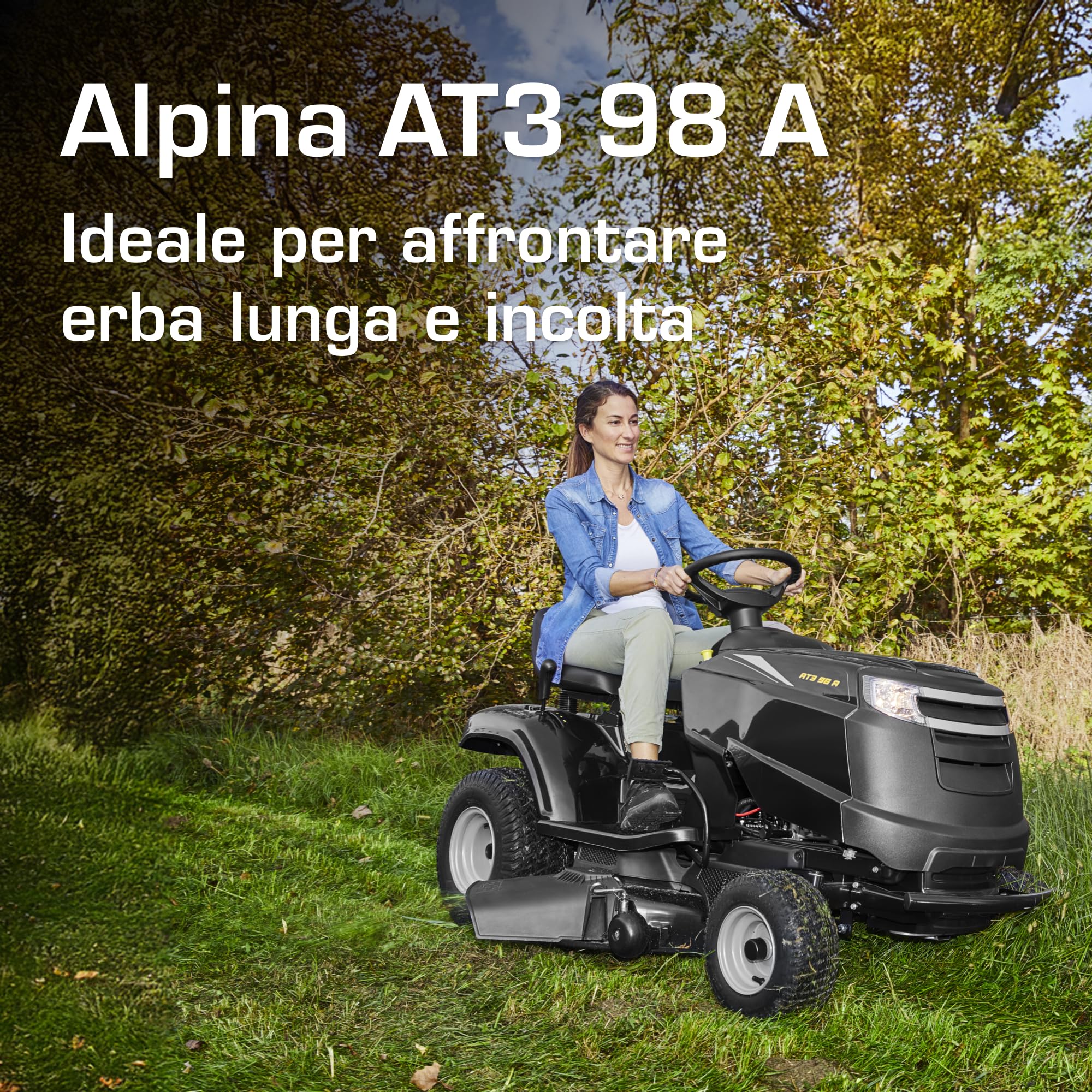 Alpina AT3 98 A Trattorino Da Giardino, 6,5 kW, 98 cm – Frizione Elettromagnetica PTO, 7 Altezze Di Taglio – Prati Fino A 4.500 m²