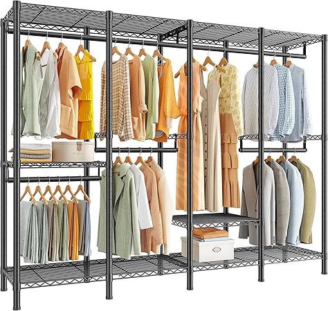 Raybee Heavy Duty Clothes Rack for Hanging Clothes,Clothing Rack with Shelves, Adjustable,76" W x 77" H x 18" D,Max Load 1150lbs,Black