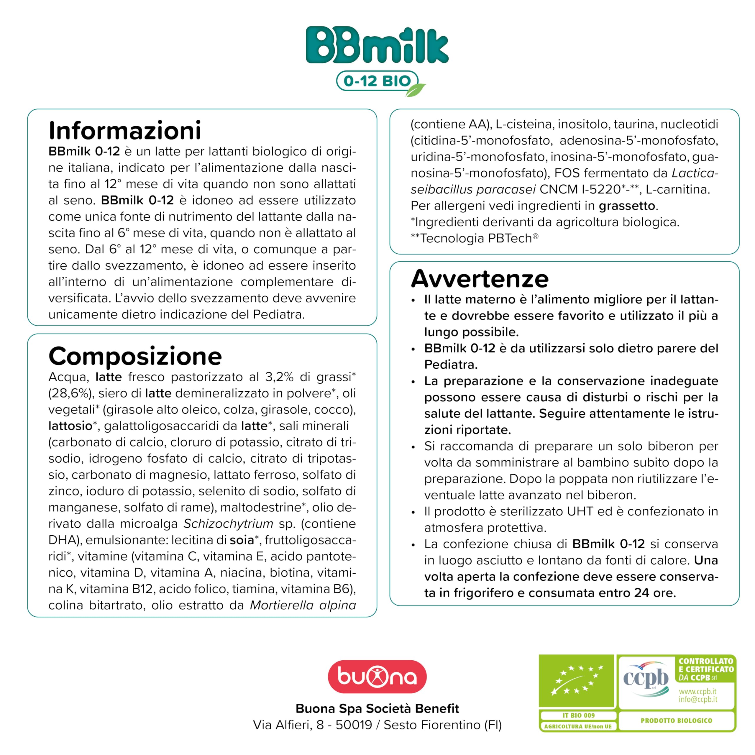 Buona BBmilk 0-12 Liquido, Latte Bio per Neonati 12x500ml, Indicato dalla Nascita fino ai 12 mesi, Qualora l’Allattamento non è Possibile o Sufficiente, Latte per Neonati Liquido Made in Italy