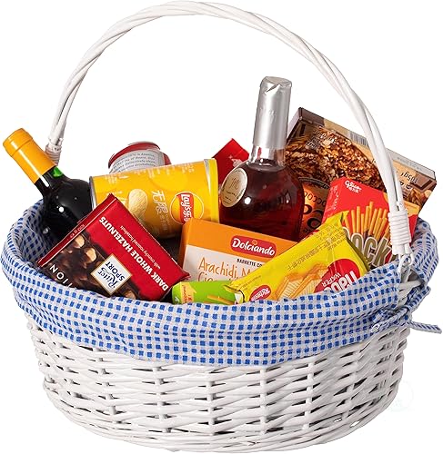 Miniatura 16 de Cesta de regalo tradicional de sauce redondo blanco con forro de guinga azul y blanco y asas plegables resistentes, cesta de almacenamiento de