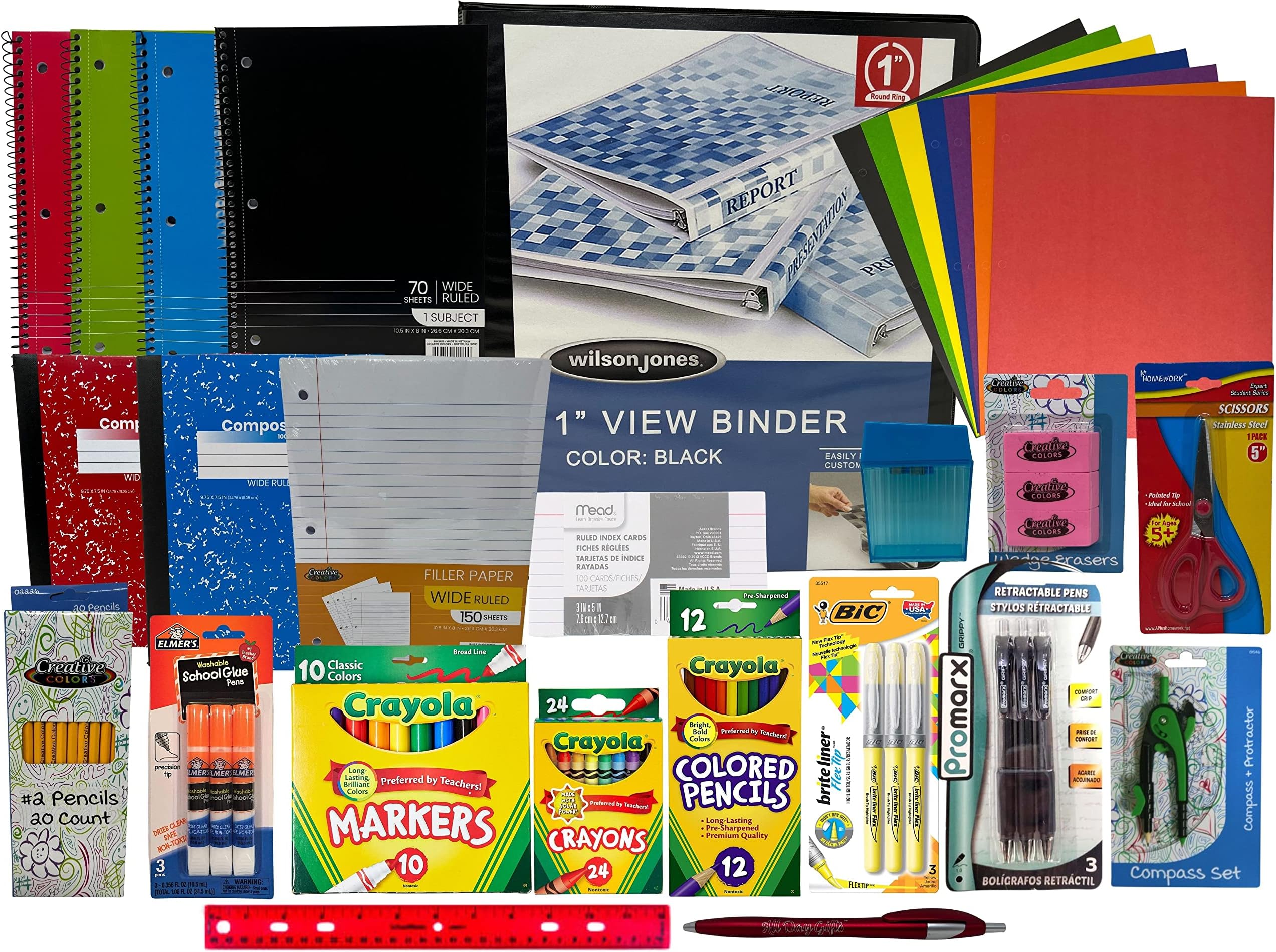 Wide‑Ruled Back to School Essential Supplies Bundle for 3rd‑5th Grade Elementary White Binder, Notebooks, Filler Paper, Crayons & Pencils, Glue Sticks, Composition Books and More (Black)