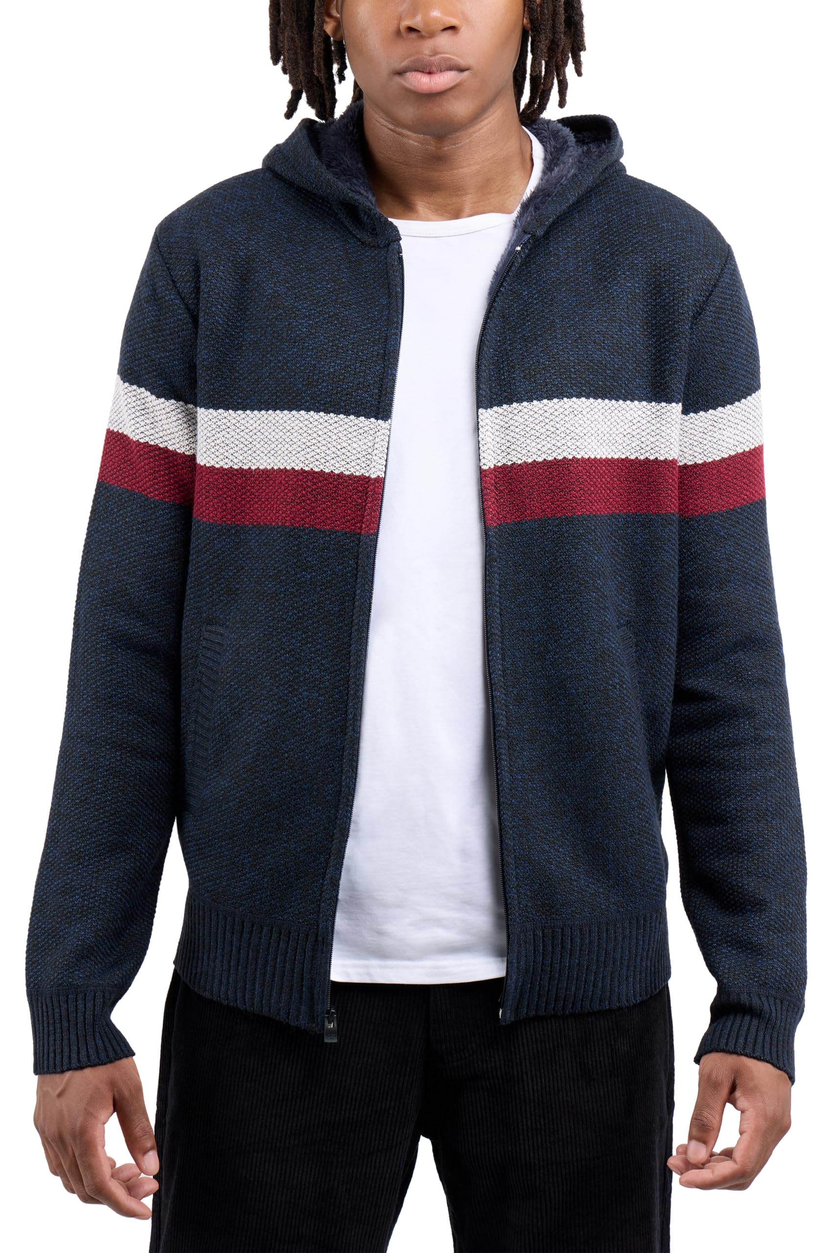 X RAY Mens Zip Up Fleece Lined Knit Cardigan Hooded Sweater Full Zip Classic Fit Sweater with Stripes