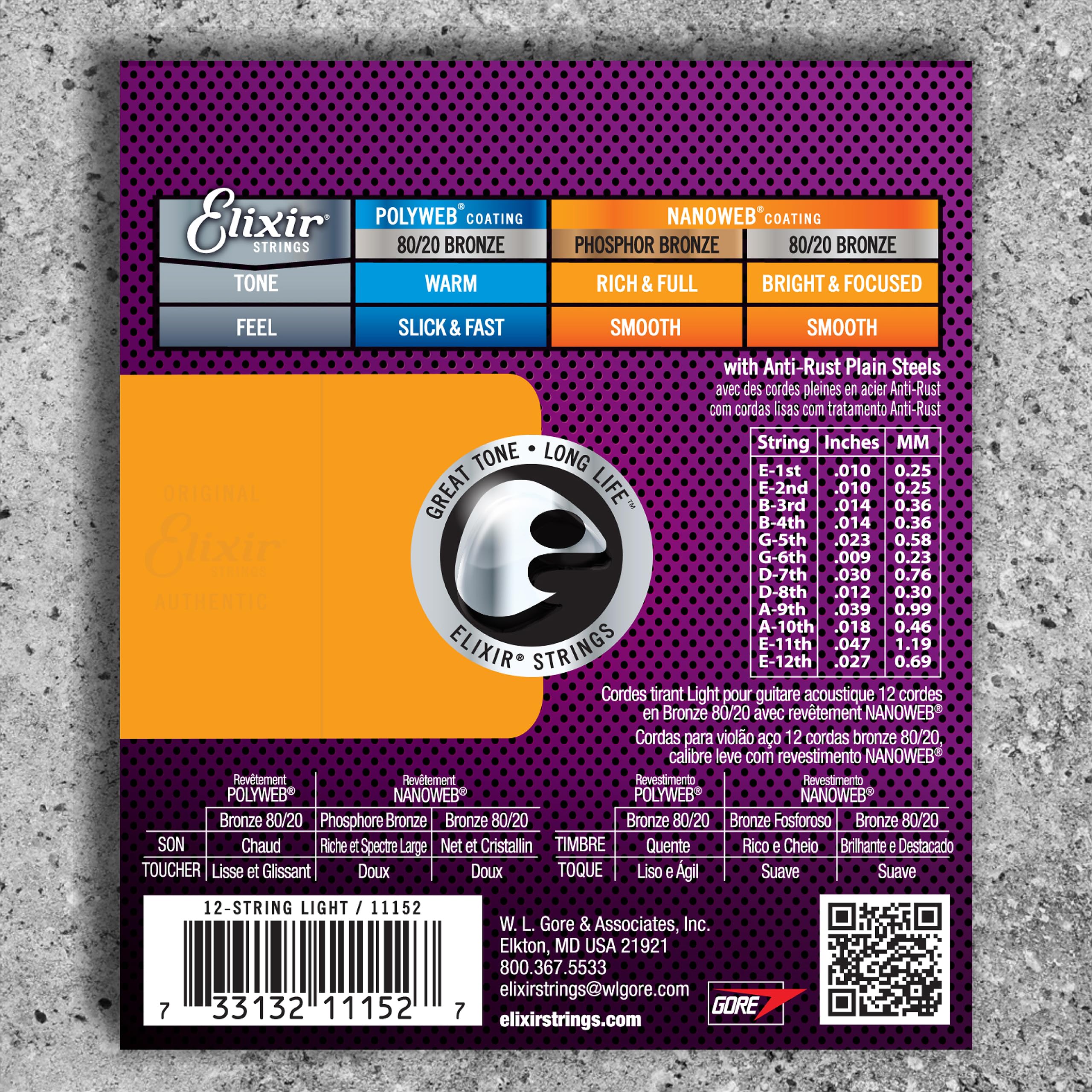 Image secondaire de Cordes Elixir® en Bronze 80/20 pour guitare acoustique 12 cordes avec revêtement NANOWEB®, Light (.010-.047)
