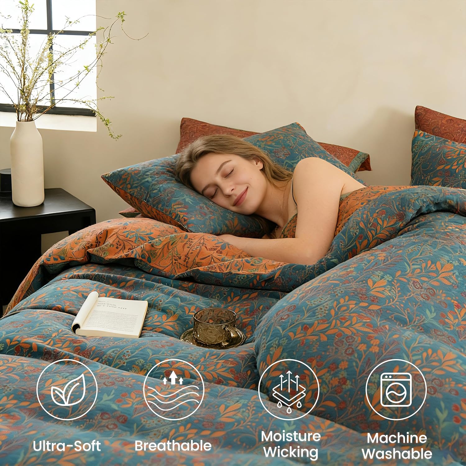 BISELINA 100% Cotton Muslin Duvet Cover Set Queen, 3 Pcs Yarn-Dyed Jacquard Textured Reversible Floral Design, Soft and Breathable Bedding Set with Zipper Closure, Blue Orange