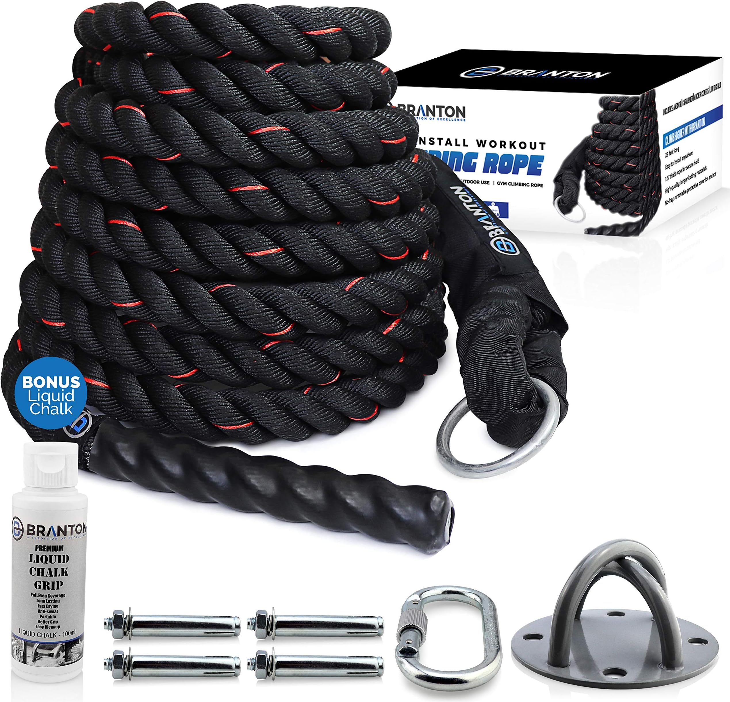 Easy-Install Workout Climbing Rope - 25 feet Exercise Climbing Rope w/Anchor, Carabiner, Anchor Covers & Liquid Chalk - Safe & Sturdy, Great for Indoor & Outdoor Use - Gym Climbing Rope