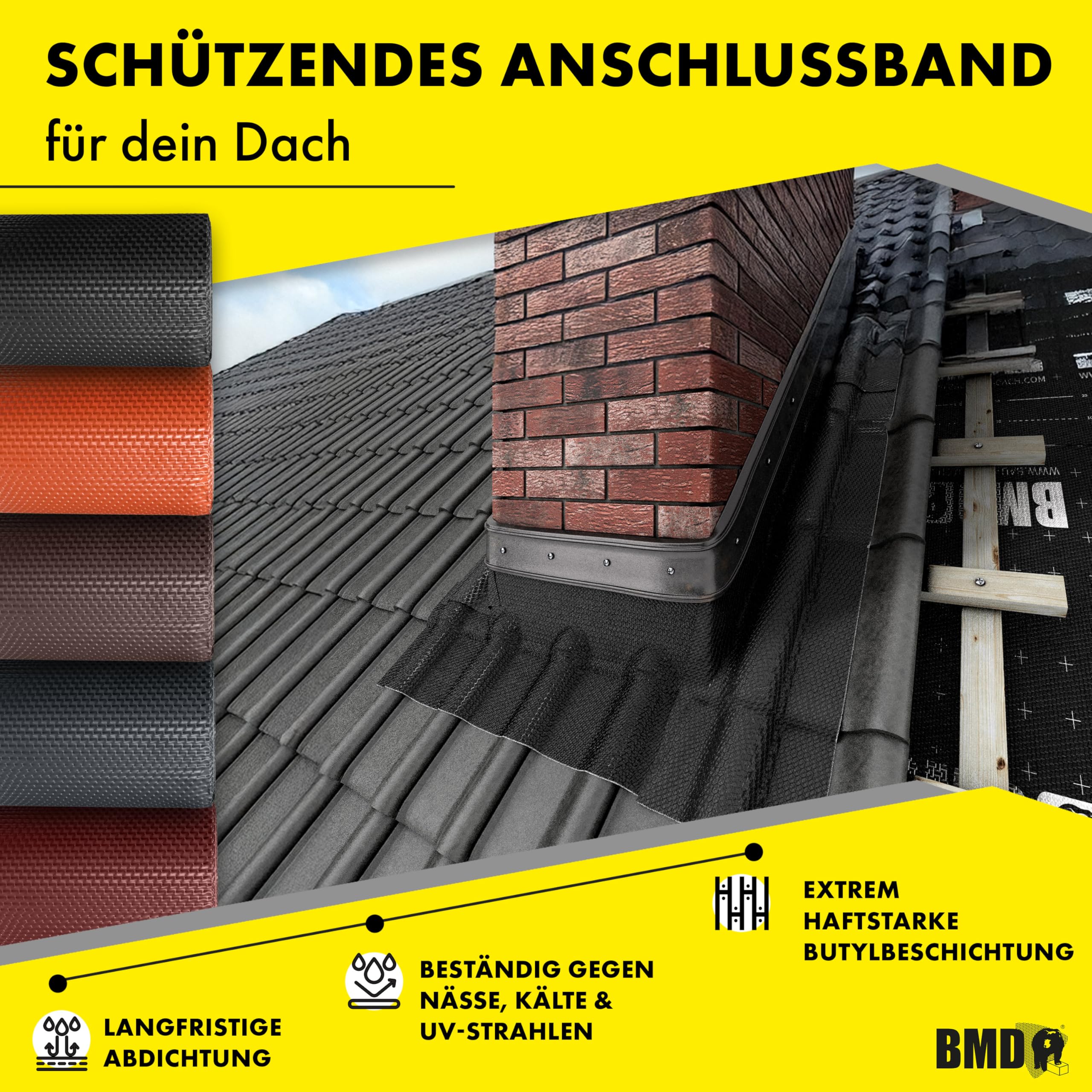 BMD Kaminanschlussband 3D | 5 Farben | 300 mm x 5 m | anthrazit RAL 7021 | Wandanschlussband | UV-beständig | Butylkleber selbstklebend | Schornstein | Dachfenster | Erker | Kamin | Dach | Wand