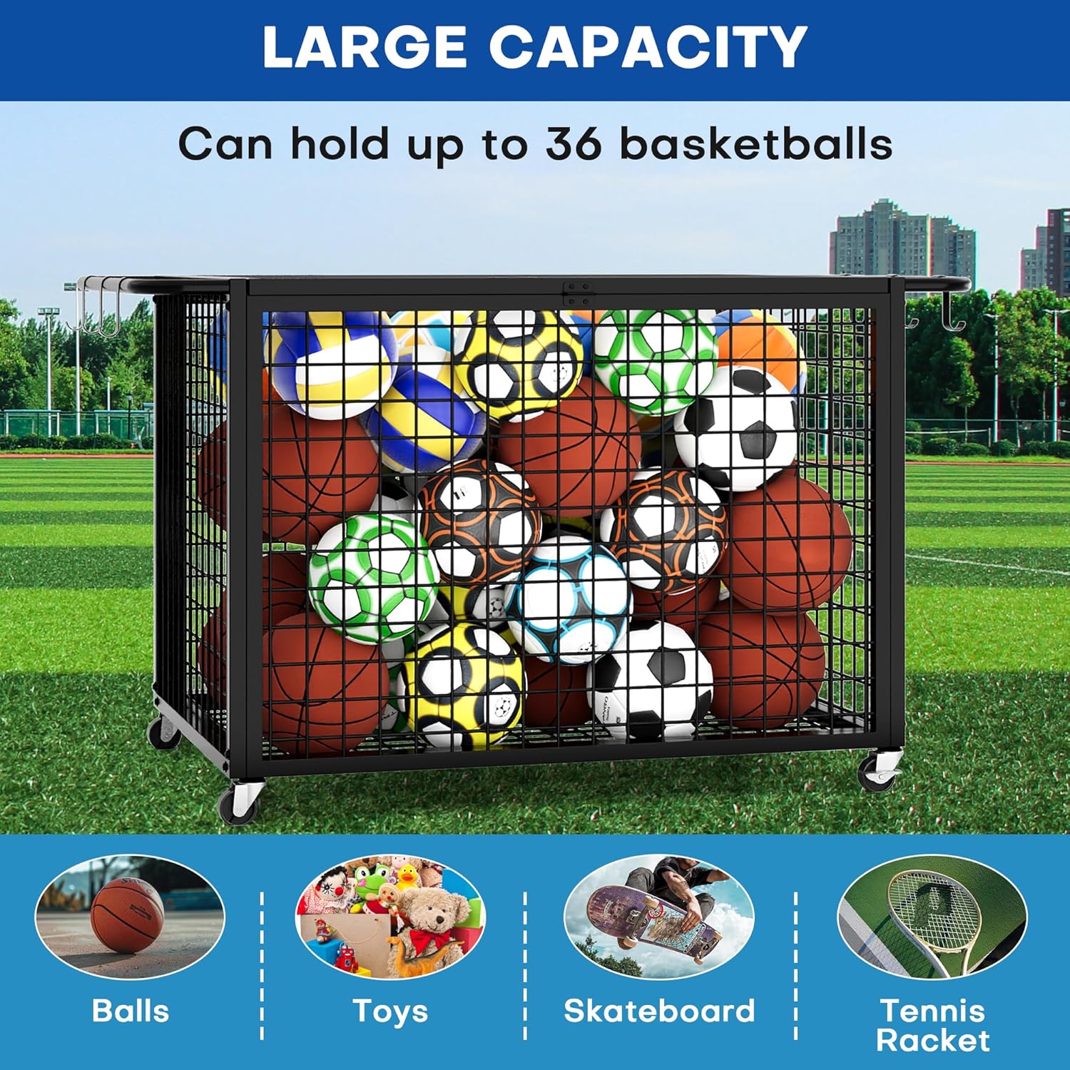 Boshen 41.7" Extra Large Ball Cart Storage Rolling with Lockable Wheels Lid & Removable Handle, XXL Sports Equipment Basketball Storage Holds Up to 36 Balls for School, Club, Gym, Garage