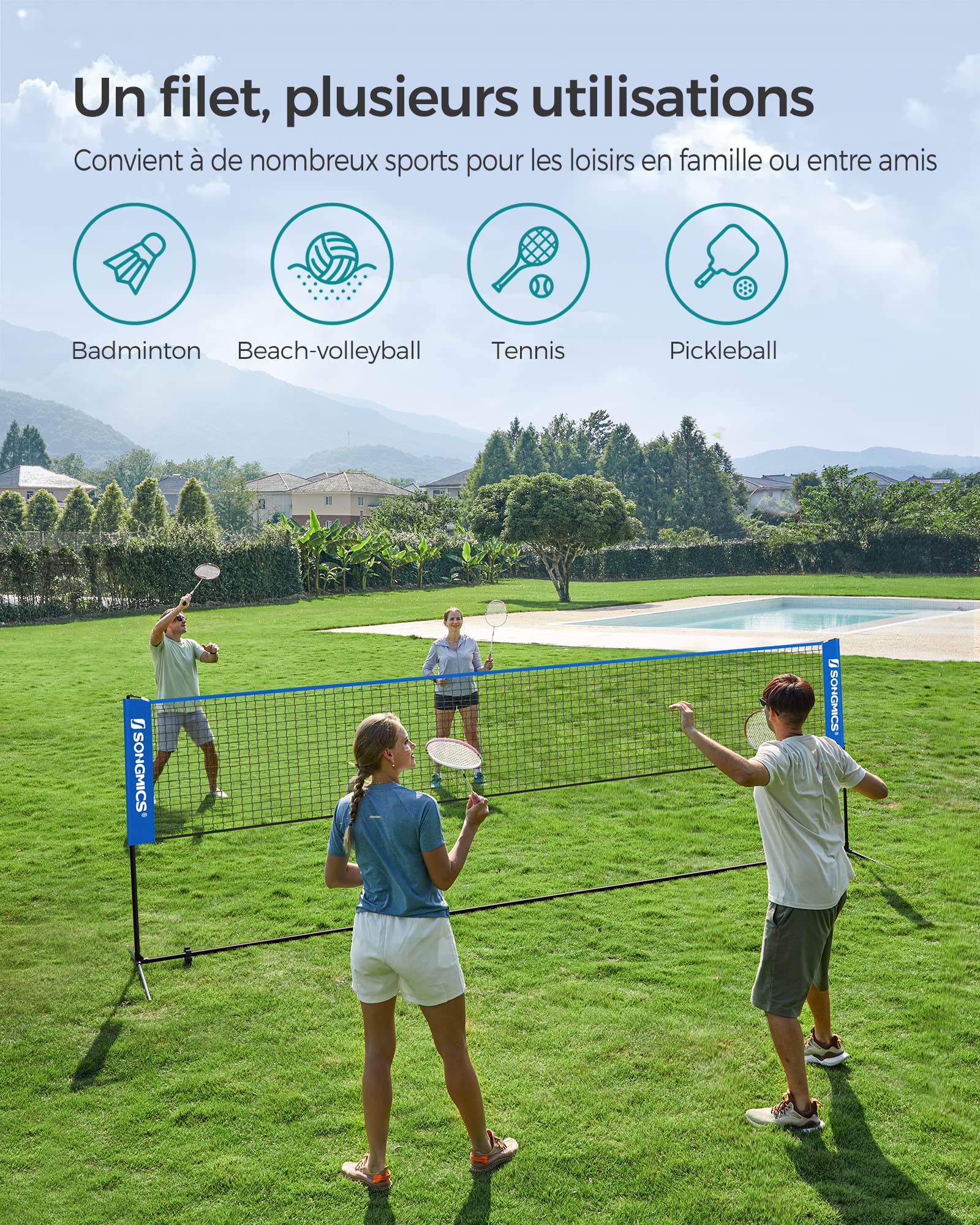 SONGMICS Filet de Badminton de 3 m, Filet de Volley-Ball, Hauteur réglable, Ensemble Portable pour Le Tennis