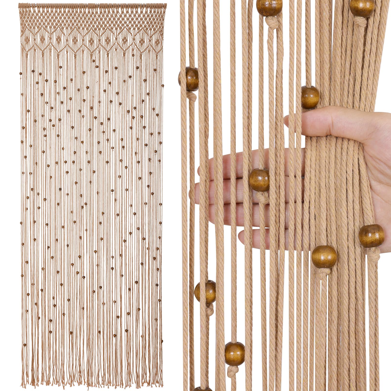 BECHAEO Rideau en macramé bohème avec perles en cordon, rideau de porte en tissu fait main avec perles en bois pour fenêtre, porte, placard ouvert, chambre, salon, décoration intimité, 200,7 cm L x