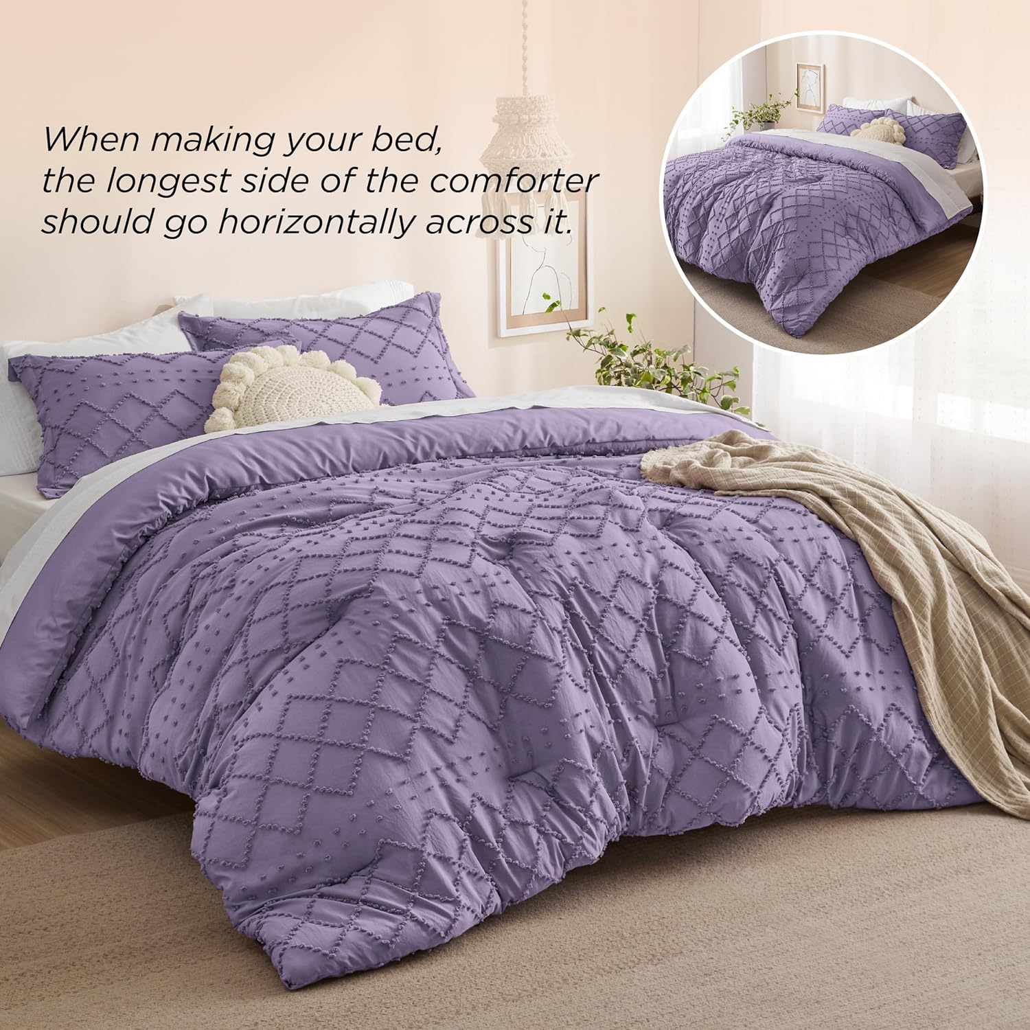 Bedsure King Comforter Set - Grayish Purple Comforter, Boho Tufted Shabby Chic Bedding for Kids, 3 Pieces Vintage Farmhouse Bed Set for All Seasons, Fluffy Soft Bedding with 2 Pillow Shams - Image 3