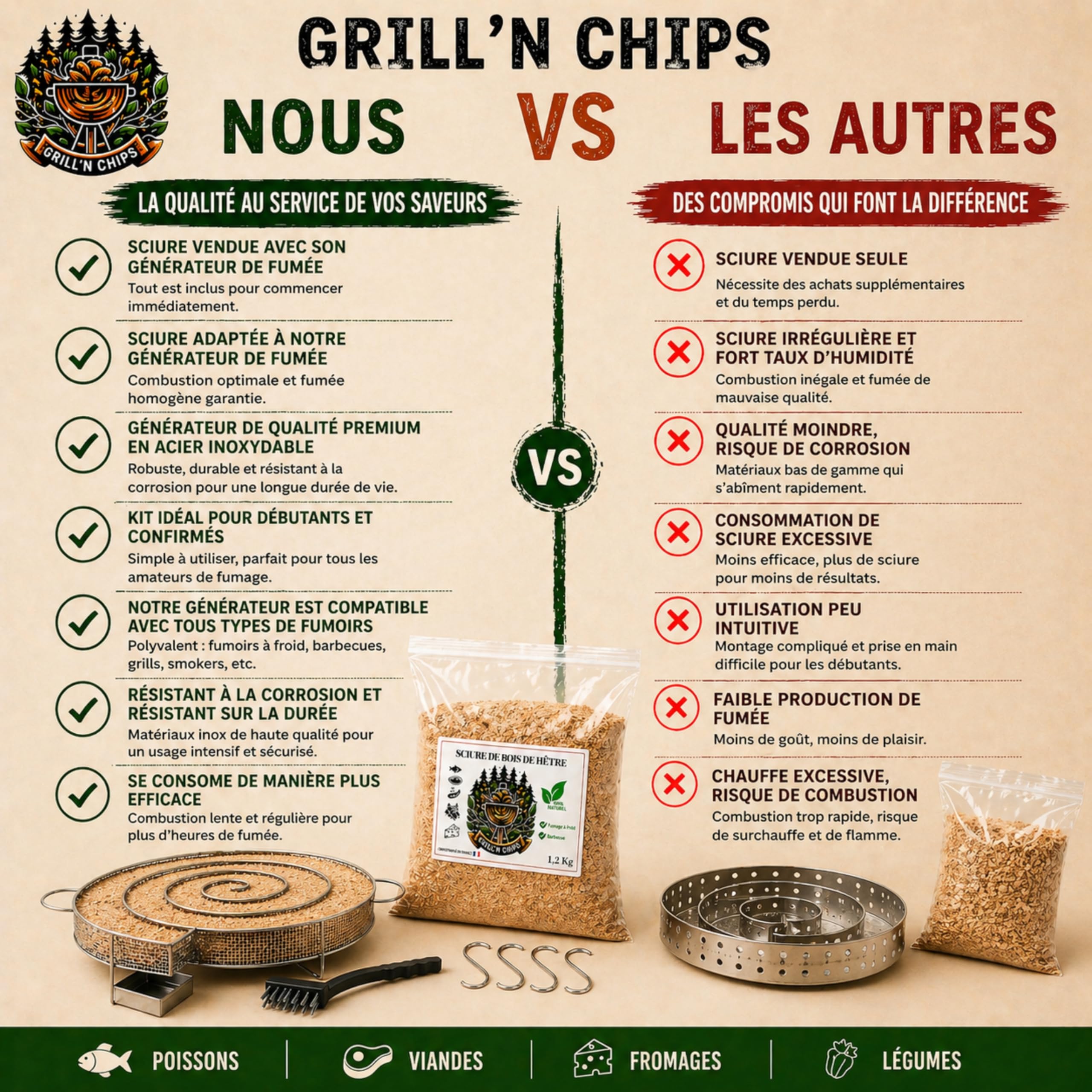 Générateur/Serpentin de Fumée Froide pour Fumoir Viande et Poisson + 1.2kg de Sciure de bois de hêtre + 4 crochets et 1 Brosse de nettoyage - Guide Numérique PDF à Télécharger (Offert)