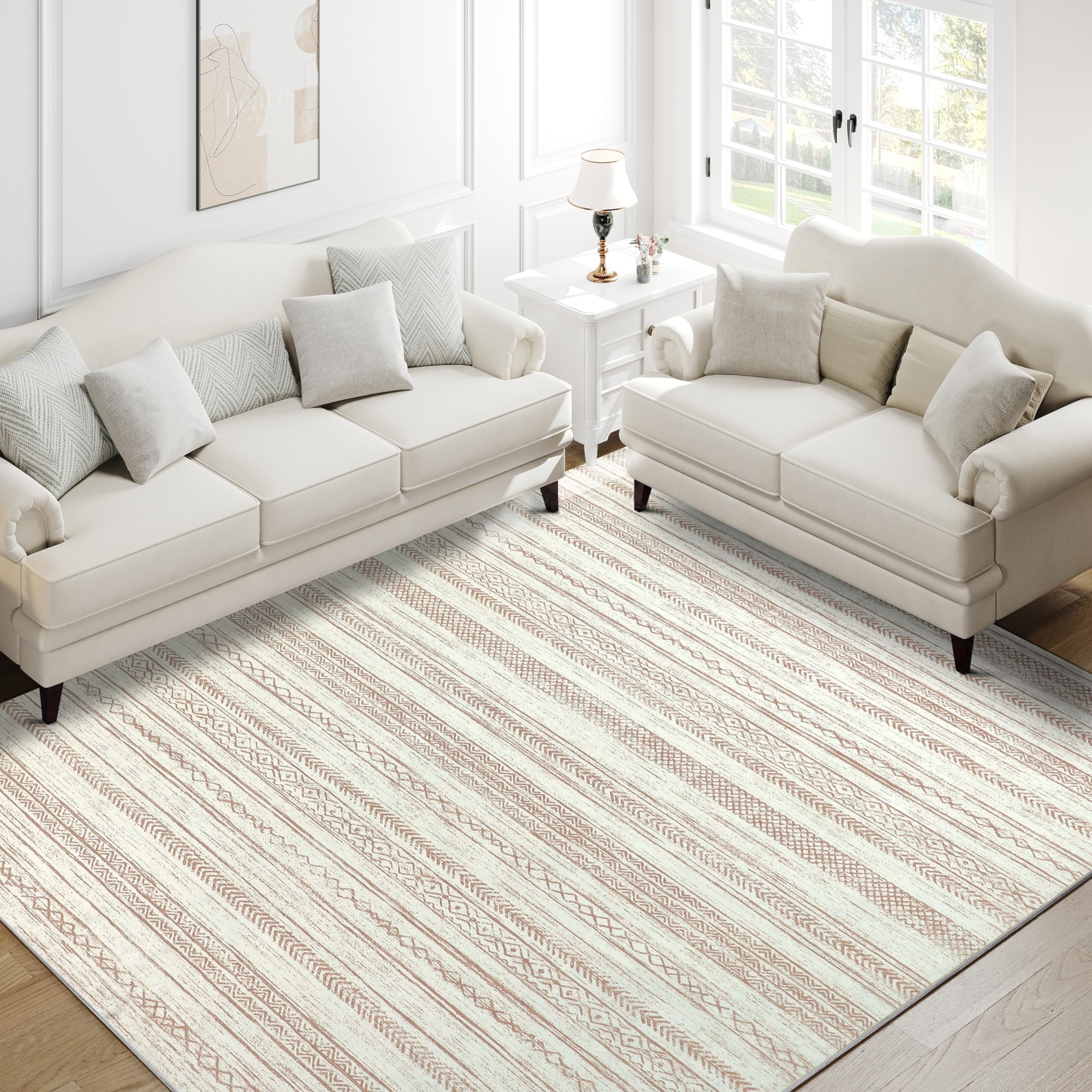 Boho Area Rug 6x9 Living Room Rug Beige Modern Taupe Washable Indoor Accent Rug Low Pile Carpet Distressed Throw Rug Bedroom Office Dining Room Geometric Rug