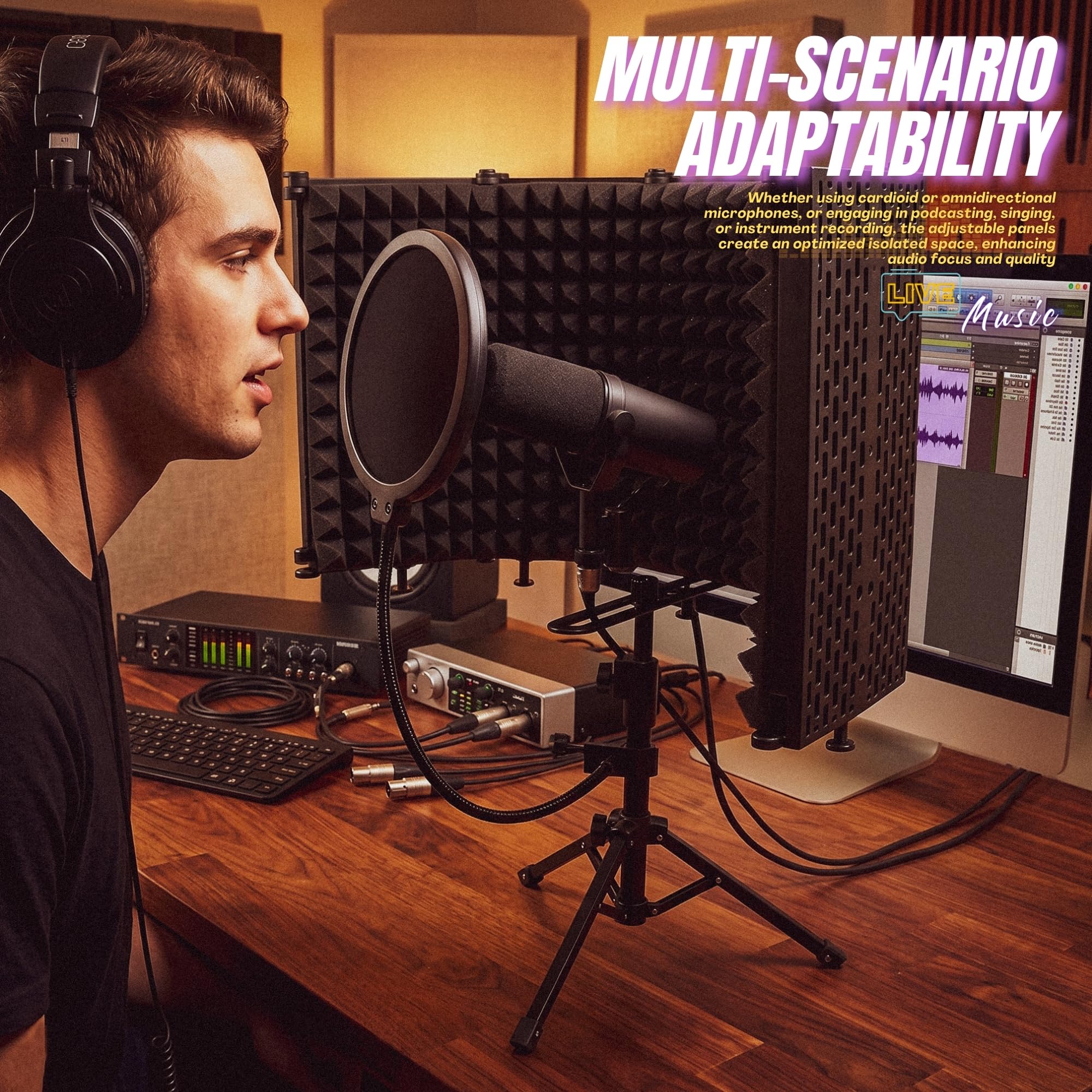 Studio-Mikrofon-Isolationsschild, mit Pop-Filter & Metall-Tischstativ, Mikrofonständer, 5-fach faltbarer Studio-Mikrofon-Isolationsschild, tragbar für Singen, Podcasting, Musikaufnahme