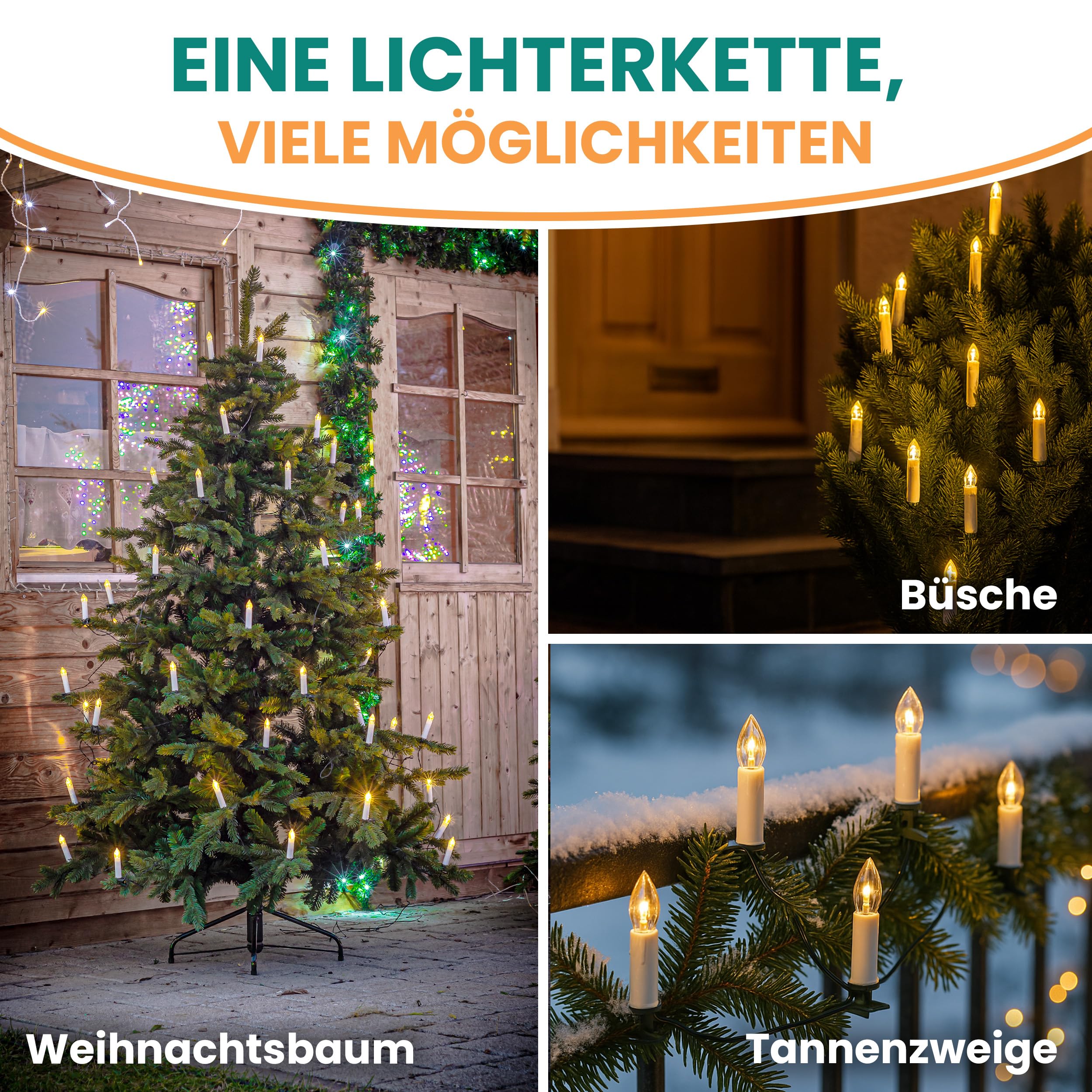 Gartenpirat Baum-Lichterkette 25 m mit 50 LED-Kerzen warmweiß Timer Weihnachtsbeleuchtung für Innen & Außen