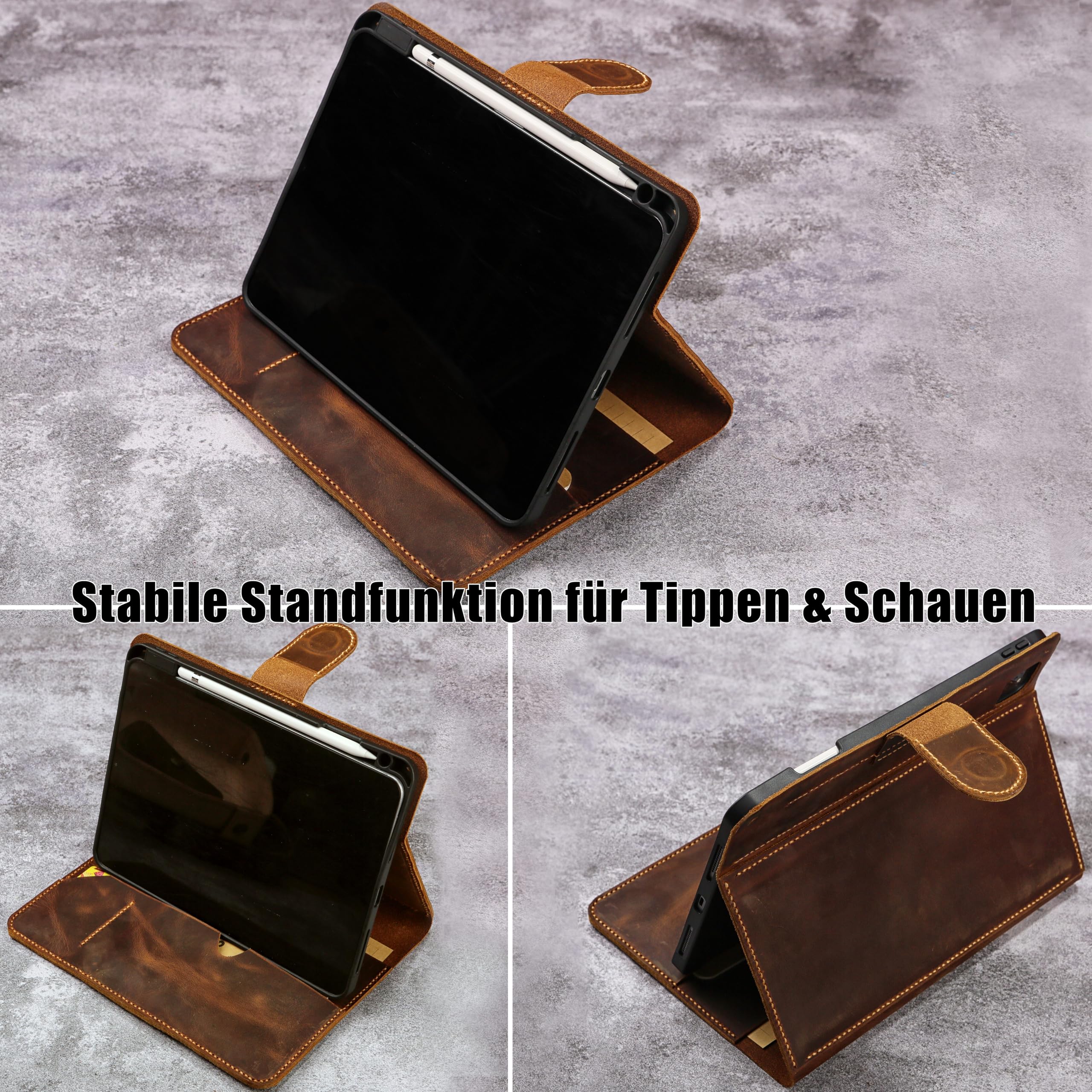 Personalisierbare Leder-Organizer-Hülle mit Standfunktion für iPad/iPad mini/iPad Air/iPad Pro, Vollnarben-Pull-Up-Leder, handgenähte Sattlernaht, Kartenfäche