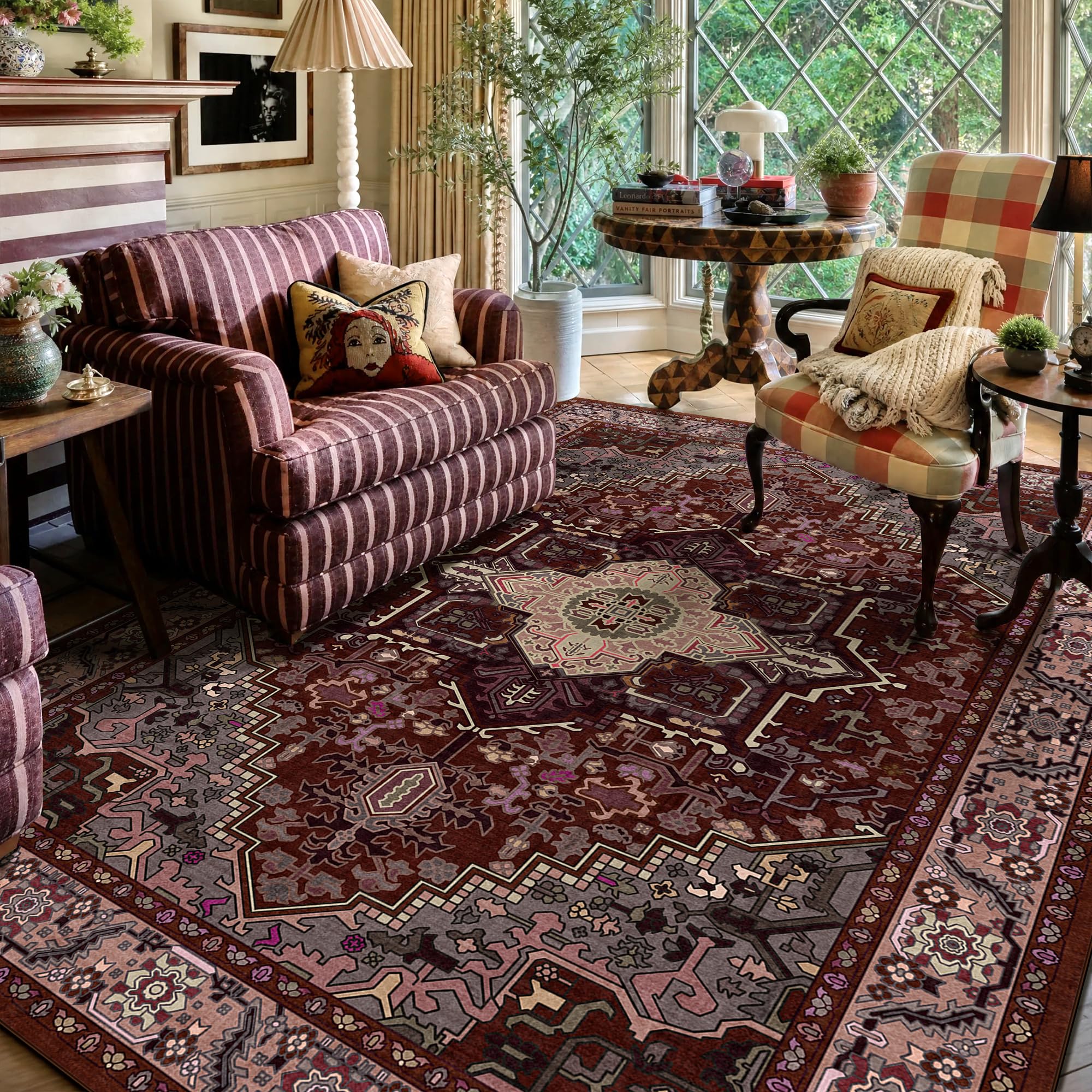 5x7 Burgundy Red and Black Vintage Boho Oriental Soft Washable Area Rug