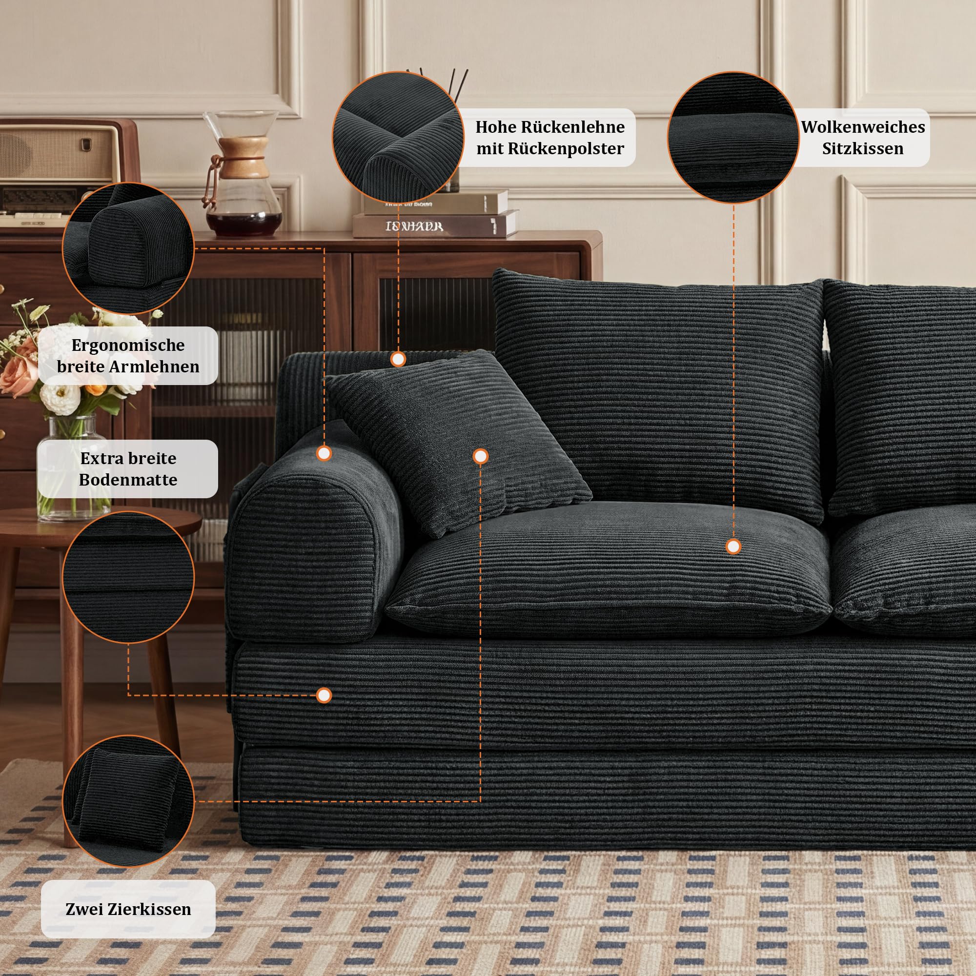 Vipbear Schlafsofa 201cm Breit, Boneless Couch mit Schlaffunktion Cord Sofa | 5-in-1 Bodensofa, 3 Sitzer Boneless Schlafcouch, Cloud Modulares Sofa Bed für Wohnzimmer Schlafzimmer Lounge Schwarz