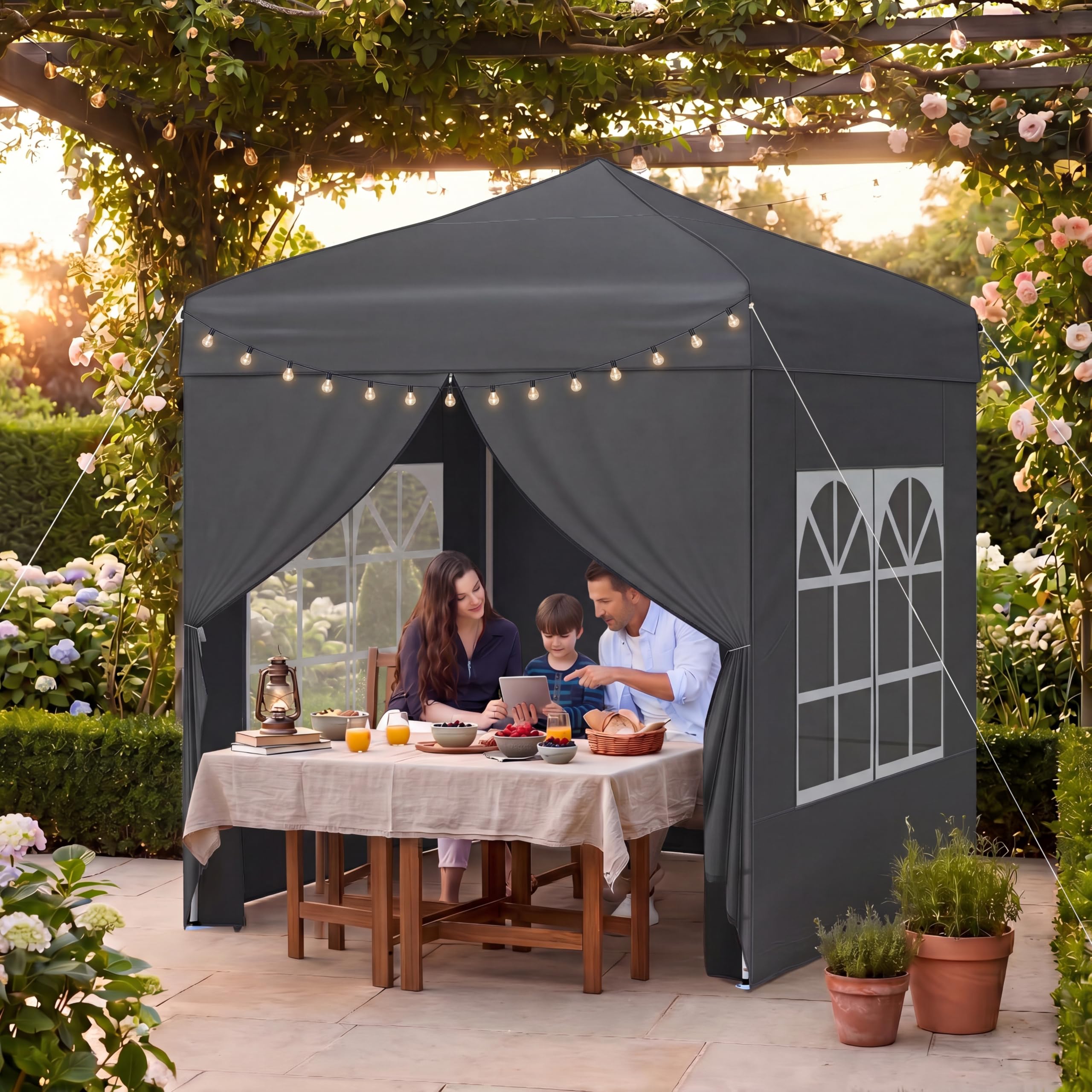 RELAX4LIFE Tonnelle Pliante 2x2 avec Parois Amovibles, Barnum Pliant pour Activités Plein Air, 2 Portes Zippées, Gazebo 2x2 Portable avec Sac à roulettes pour Terrasse Marché Festival (Noir)