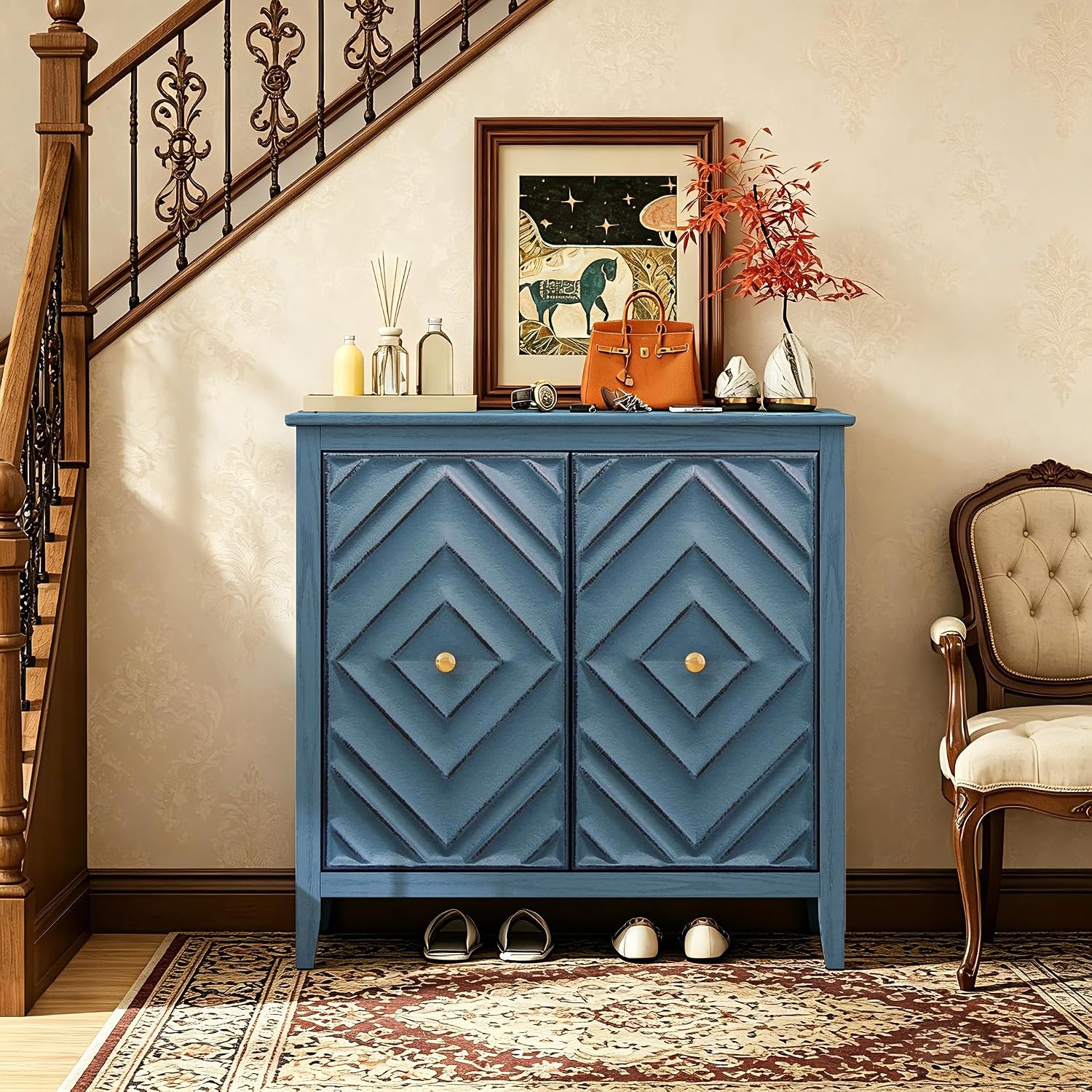 Blue Textured Accent Cabinet with 2 Embossed Pattern Doors, 31.5" Sideboard Buffet Cabinet with Storage, Distressed Credenza Storage Console Table for Entryway, Living Room, Dining Room