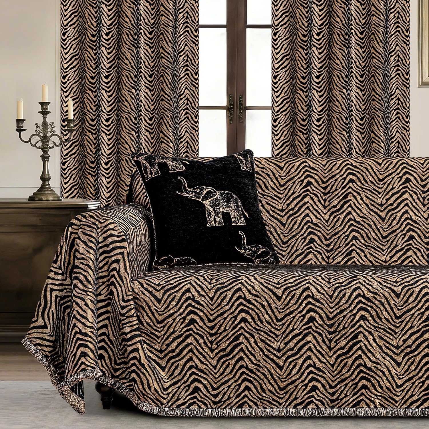 Stylish Zebra Print Couch Cover for Sofa, Luxury Wild Animal Jacquard Chenille Sofa Covers for Dogs, Black Couch Slipcover with Fringe Furniture Protector for Pets(Black Gold, 71" x118")