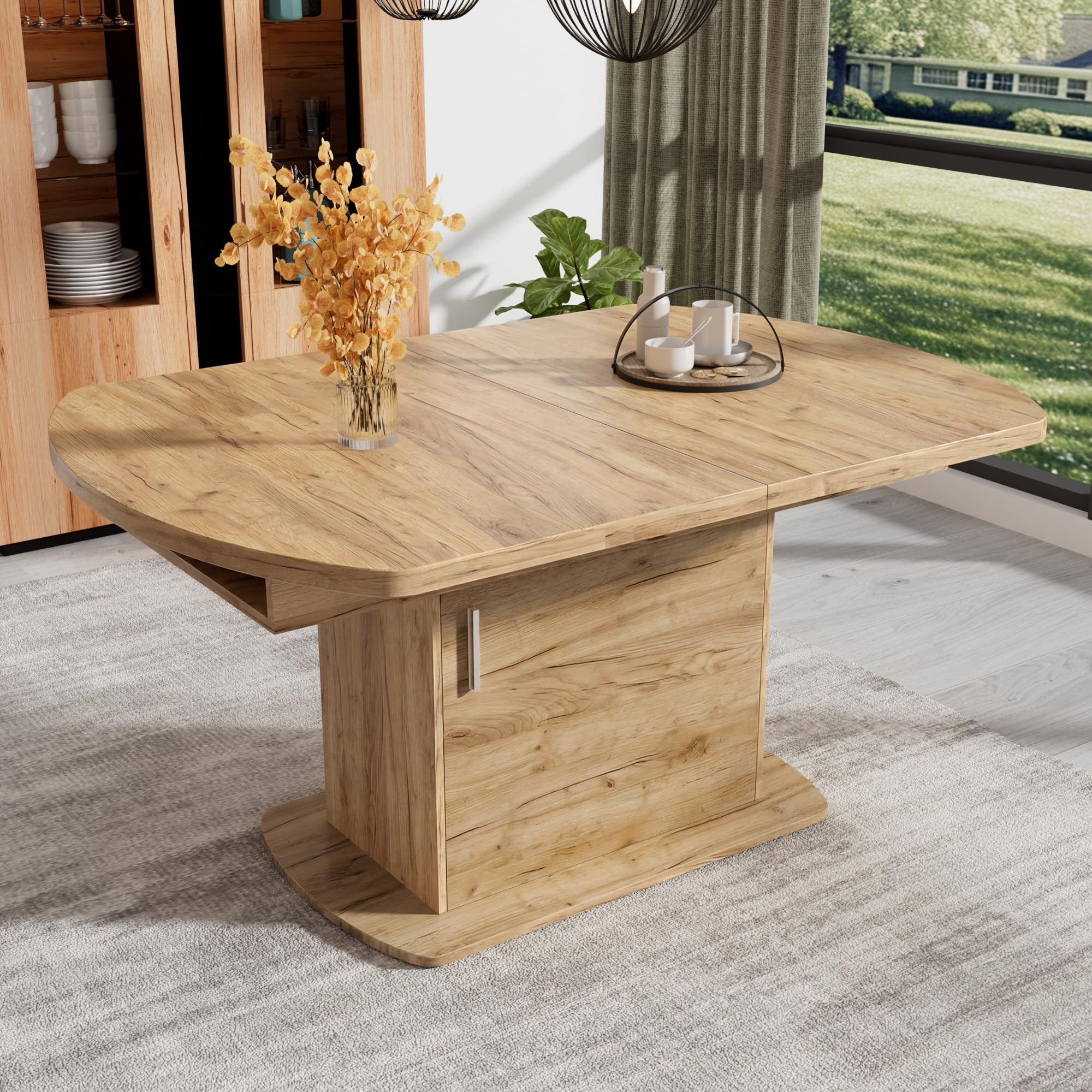 Moimhear Mesa de comedor ovalada extensible, 140/200 x 80 x 75 cm, con espacio de almacenamiento, mesa de café, mesa de comedor que ahorra espacio, con mango plateado (color roble)