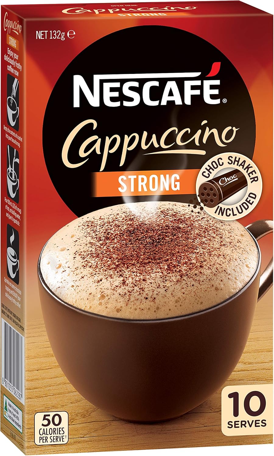 NESCAFÉ Strong Cappuccino Coffee Sachets 10 Pack, Chocolate Shaker