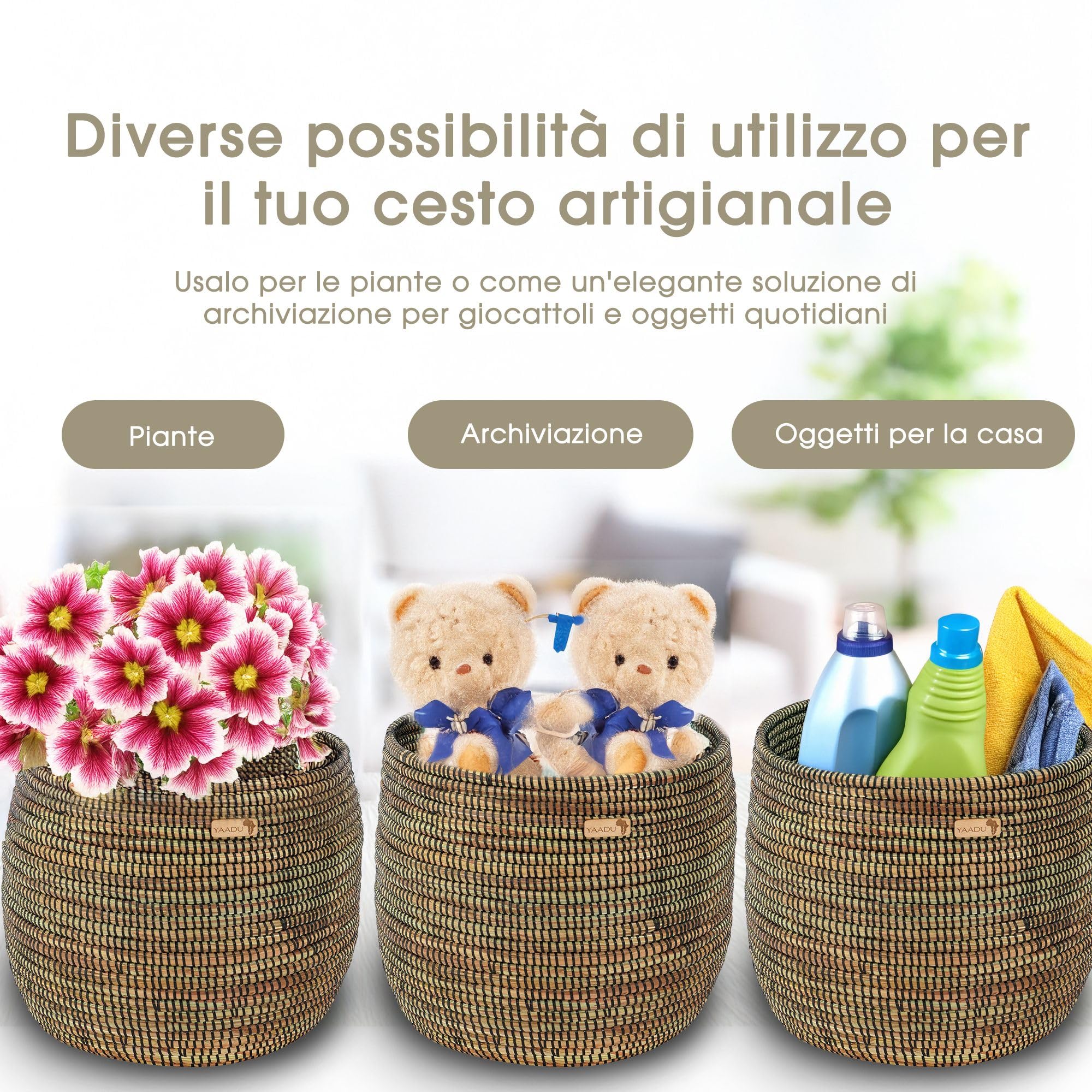 YAADU Cesto Portaoggetti Intrecciato - Per Piante, Ripiani, Africano, Decorativo, Giocattoli e Oggetti Diversi - Modello Kikongo (Nero)