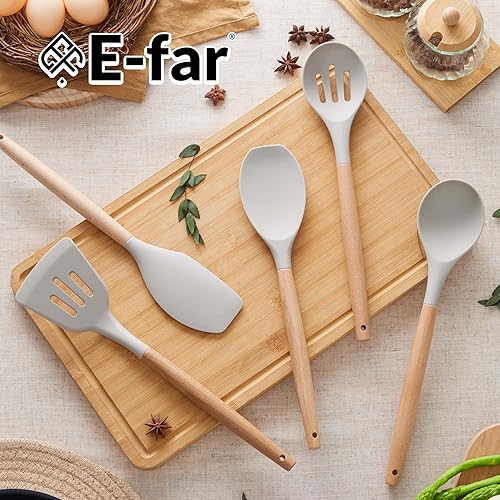 Miniatura 7 de E-far Juego de utensilios de cocina de silicona, juego de utensilios de cocina de 5 piezas con mango de madera para cocinar, herramientas
